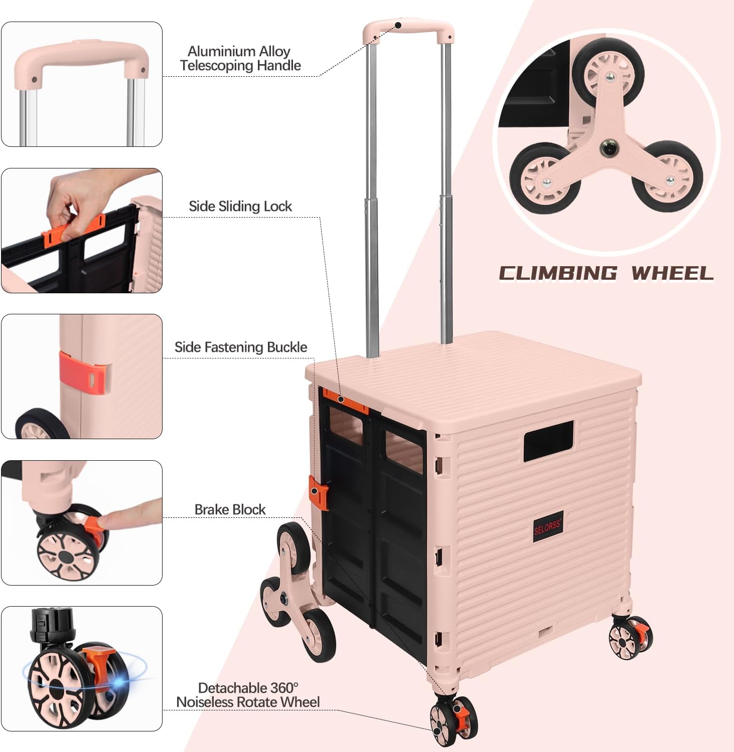 SELORSS Carrito plegable de utilidad, carrito plegable con ruedas para subir escaleras, cesta para profesores con tapa, resistente al desgaste,