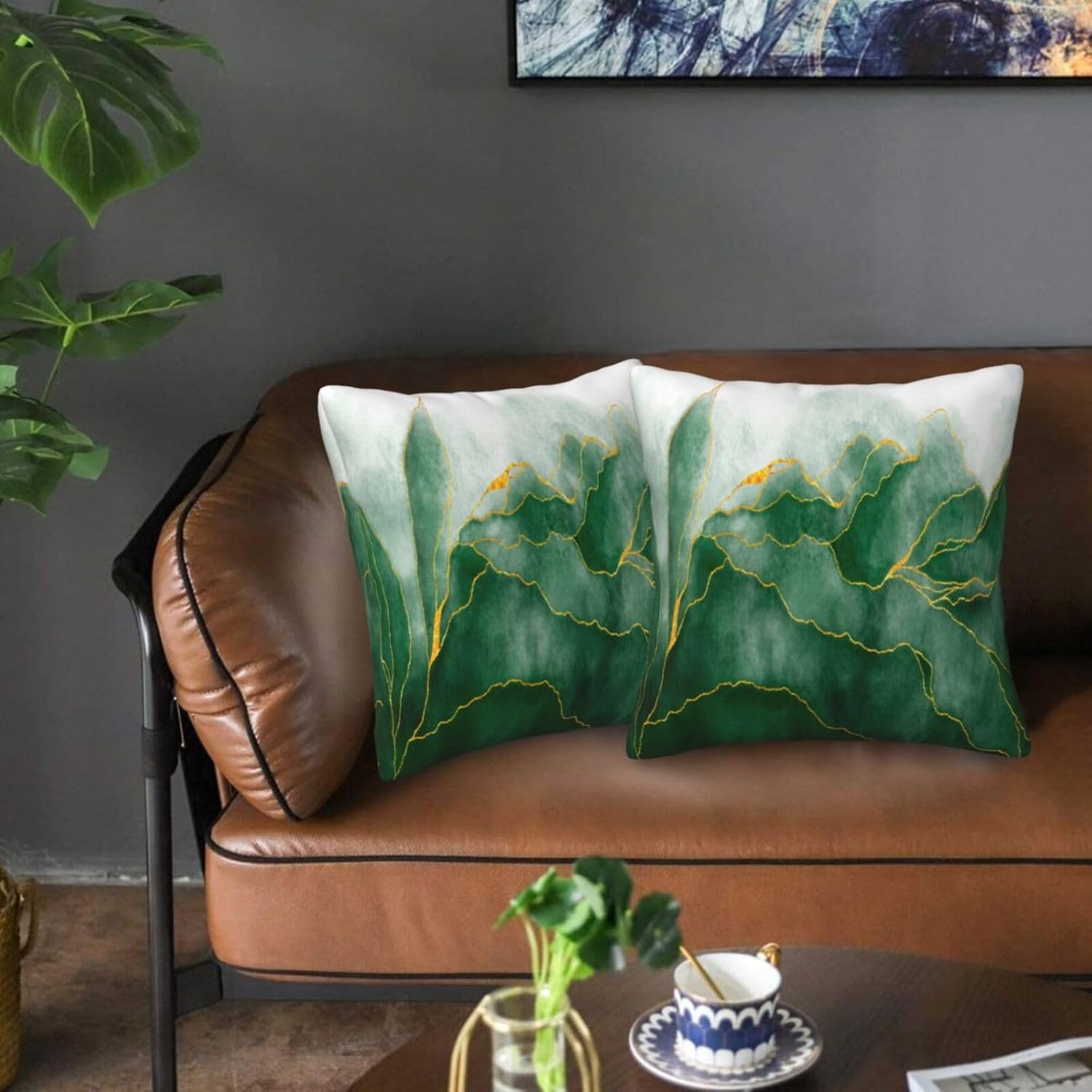 Juego de 2 fundas de almohada decorativas de mármol verde y dorado de 18 x 18 pulgadas, fundas de almohada cuadradas para decoración del hogar, sala