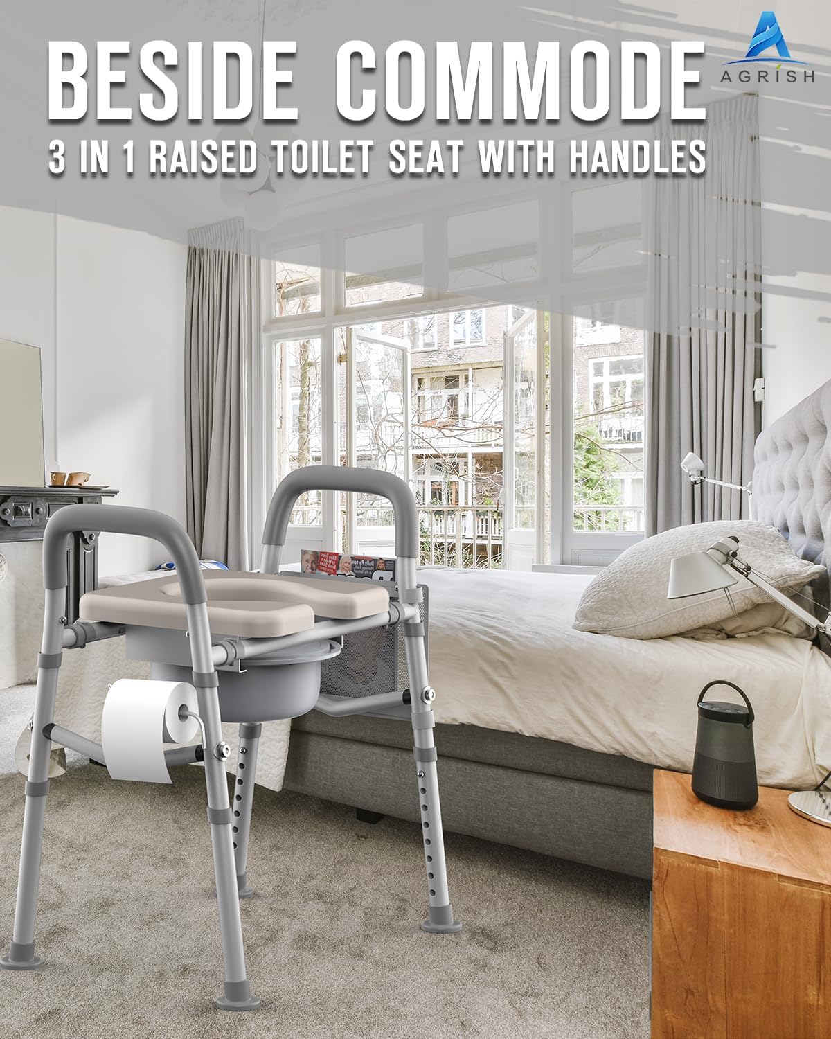 Cómoda de cabecera para personas mayores con diseño ajustable (resistente 400 libras), asiento de inodoro elevado para discapacitados con asas