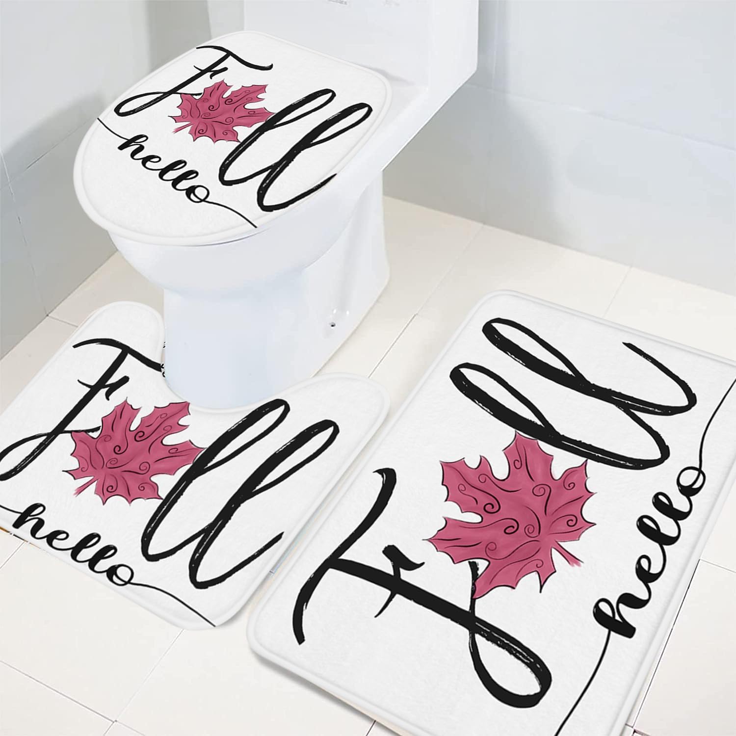 Hello Fall Bath Rugs Sets 3 Piece, Autumn Harvest Fall Maple Leaf Non Slip Bathroom Carpet Pink Bathroom Mats Set with Toilet Lid Cover,Absorbent