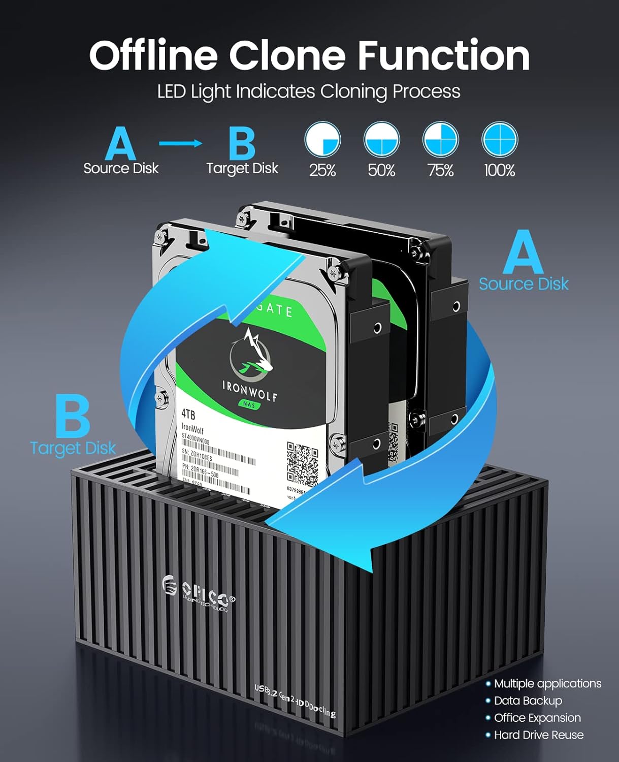 ORICO Estación de acoplamiento de disco duro externo USB3.2 Gen 1 Duplicador de disco duro de aluminio con función de clon fuera de línea para