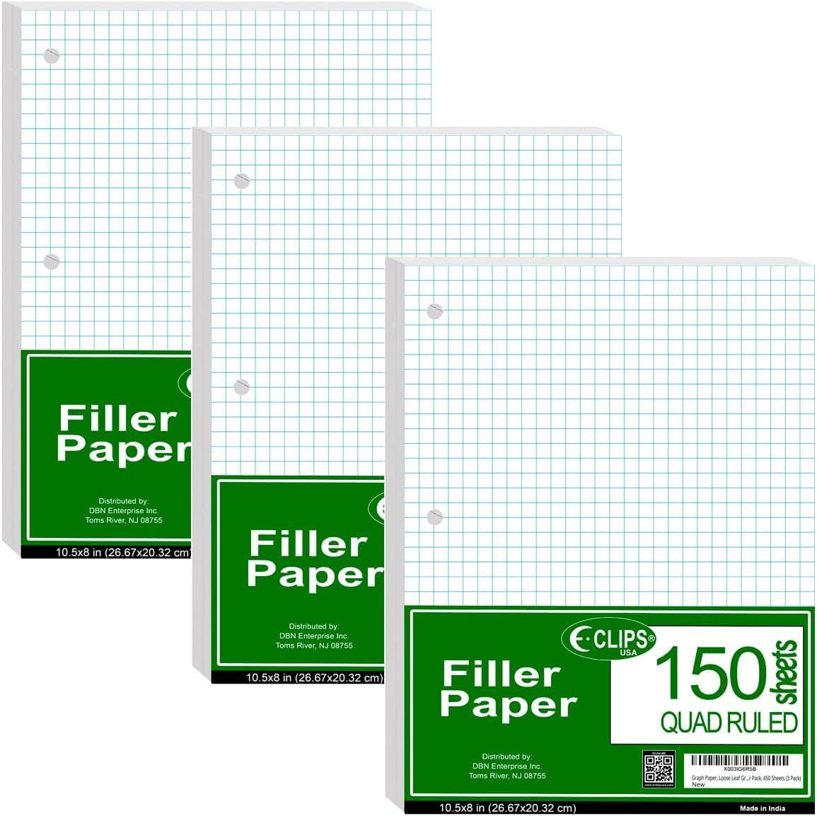 Papel de hojas sueltas, papel de relleno con rayas cuádruples  450 hojas, 150 hojas en cada caso  3 agujeros perforados, 10-12 x 8 pulgadas,
