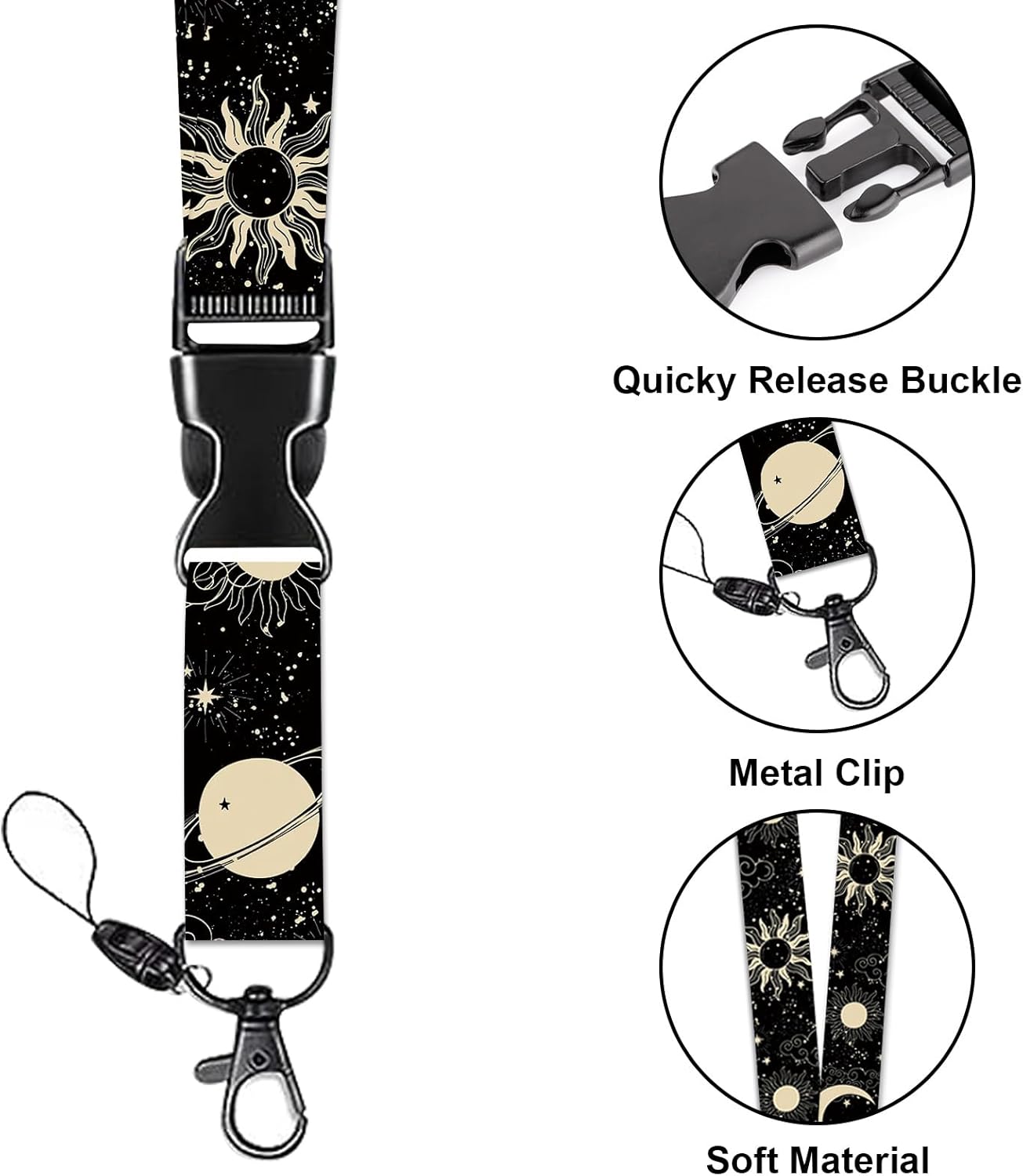 HAKUNEI Soporte para tarjeta de identificación con cordón y clip retráctil para carrete de insignia, luna, sol, tarjeta astrológica, etiqueta de