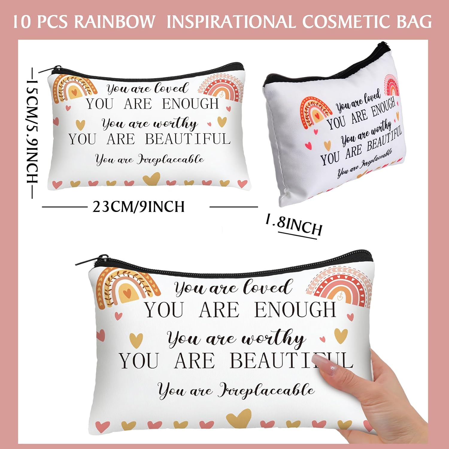 10 bolsas de cosméticos arcoíris con citas inspiradoras, bolsas de maquillaje You Are Enough Worthy Loved Gift Bag Positive Makeup Bag para bolso,