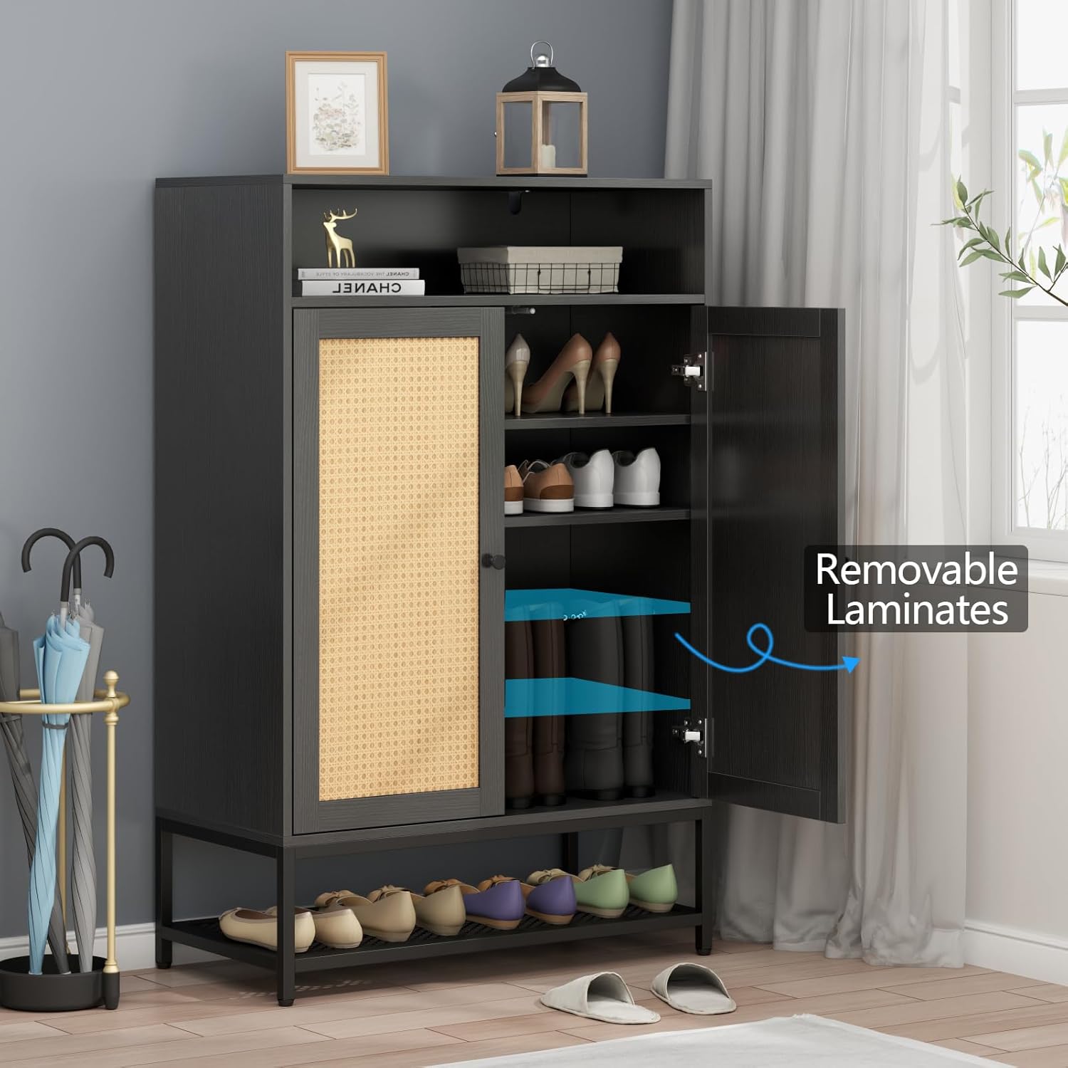Gyfimoie Organizador de zapatos de ratán con puertas, armario de almacenamiento de zapatos con estantes ajustables para entrada, estante de zapatos