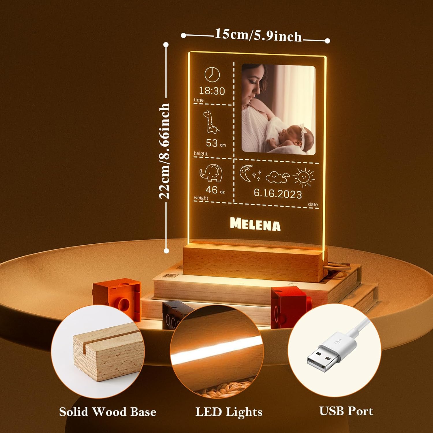 Bemaystar Regalos personalizados para bebés, regalos de bautizo para niñas, luz nocturna personalizada, placa acrílica de estadísticas de nacimiento