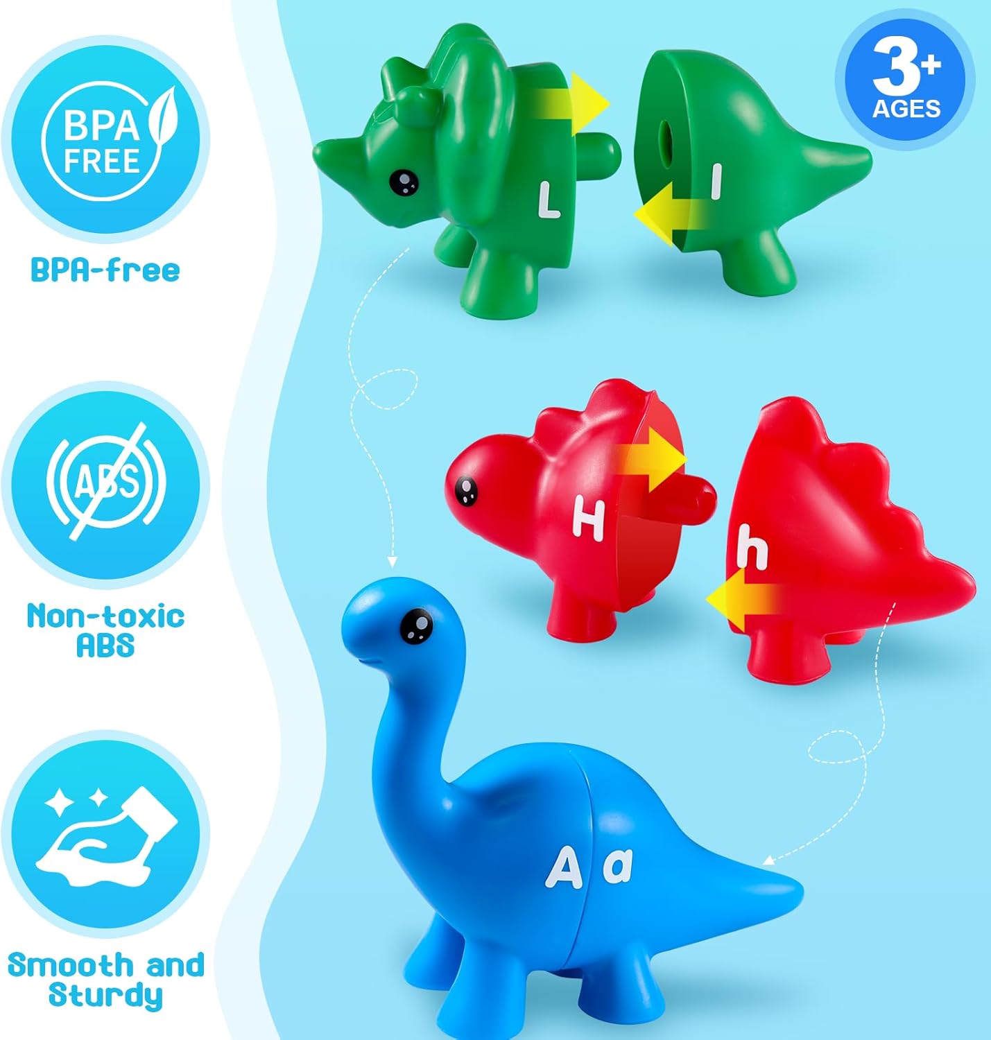 Rukkawwa Juguetes de dinosaurio con letras a juego, 26 piezas ABC para niños de 3 a 5 años, juguetes educativos de doble cara con minúscula