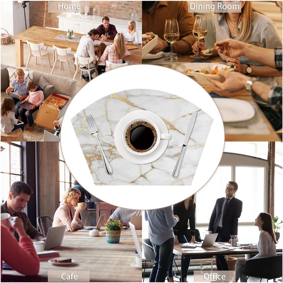 DXTKWL White Goden – Juego de 4 manteles individuales con estampado de mármol para mesa redonda, manteles individuales con centro de mesa, lavables,