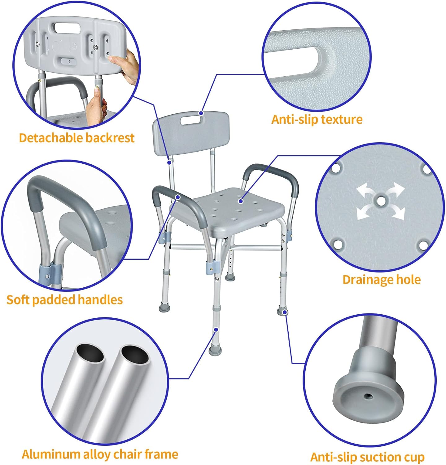 UNICOO Silla de ducha con respaldo, silla de bañera plegable con brazos y agujeros de drenaje para personas mayores discapacitadas, adultos,