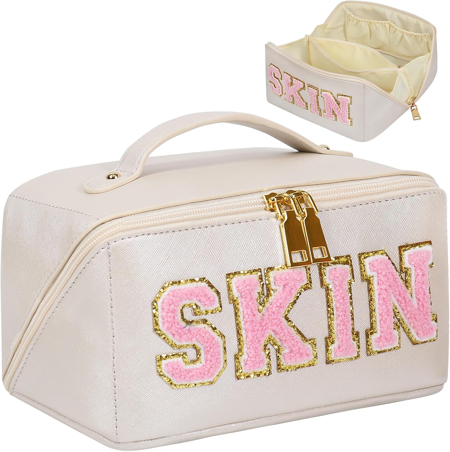 Bolsa de cosméticos de viaje de gran capacidad, bolsa de maquillaje con letras de chenilla, bolsa de maquillaje de piel sintética, organizador plano