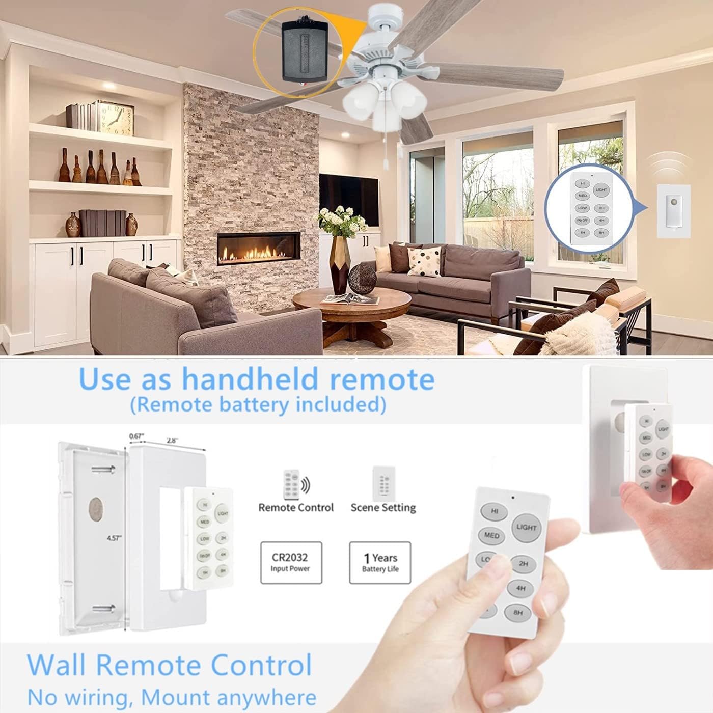 Nexete Kit de control remoto universal para ventilador de techo, inalámbrico montado en la pared, repuesto de sincronización de velocidad del