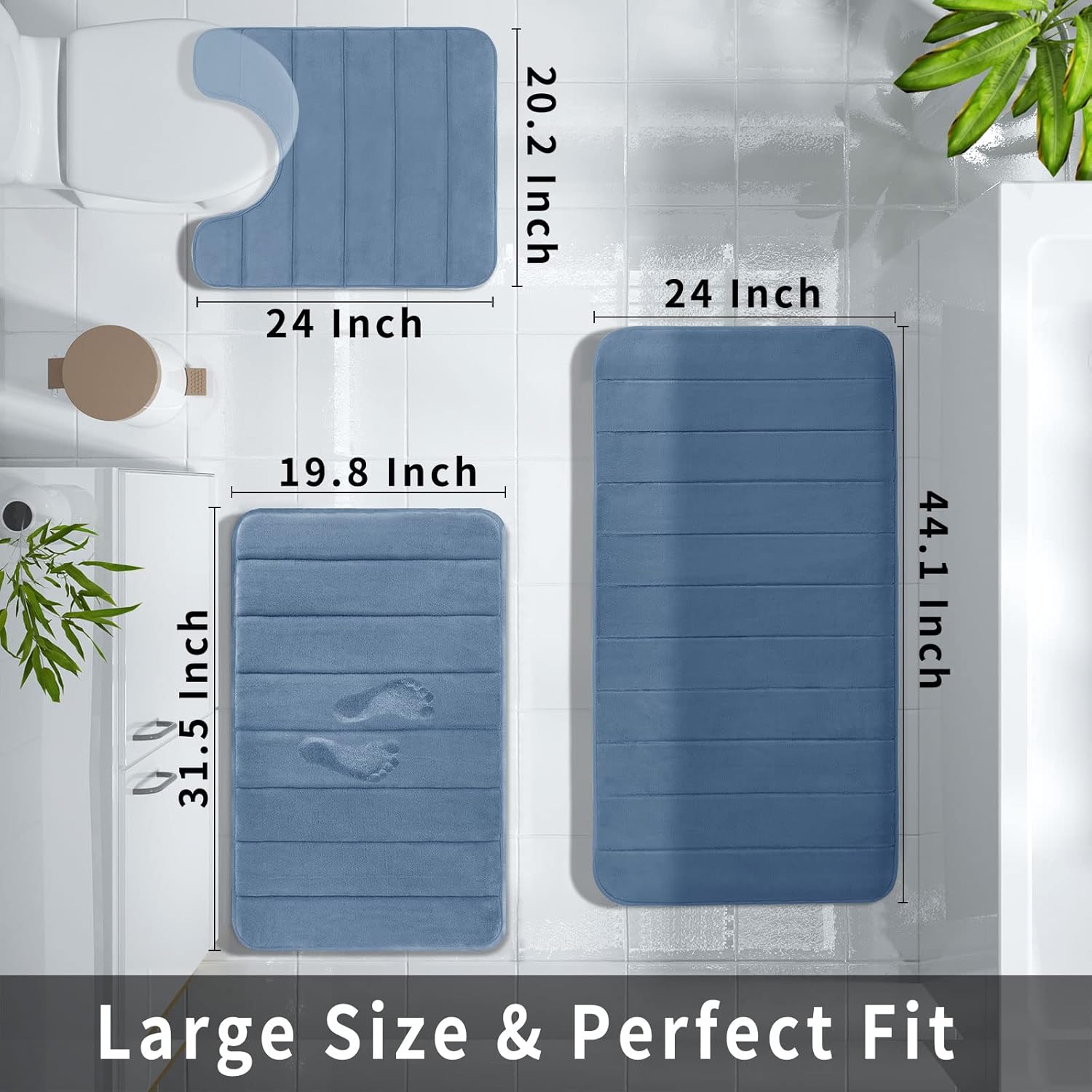 Yimobra Juego de tapetes de baño de espuma viscoelástica, 3 piezas, 44.1 x 24 + 31.5 x 19.8 pulgadas y en forma de U para alfombras de baño, tapetes