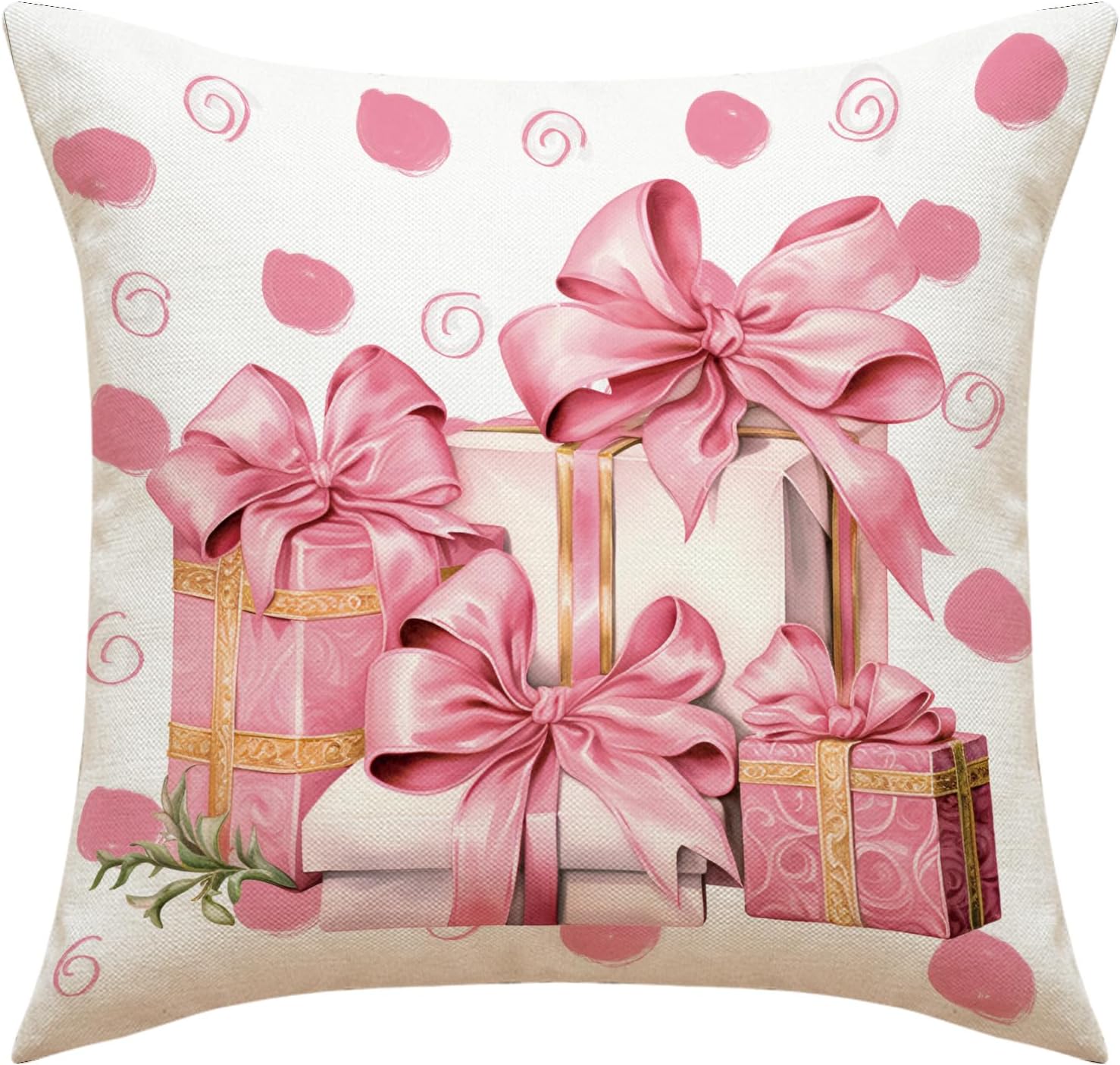MOJUN Juego de 4 fundas de almohada navideñas de 18 x 18 pulgadas, muñeco de nieve rosa, Papá Noel, corona de Navidad, fundas decorativas para el
