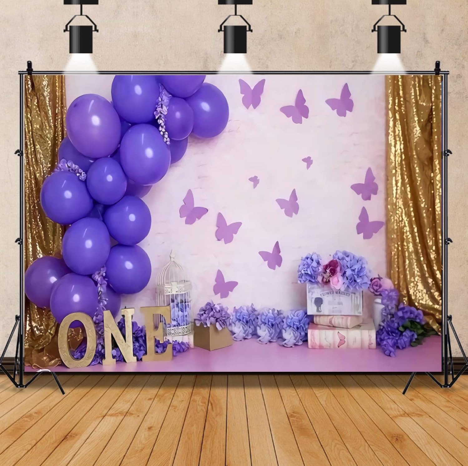 Telón de fondo morado, globo morado, mariposa, flores de papel para niñas y niños, telón de fondo para fiesta de primer cumpleaños, cortina dorada,