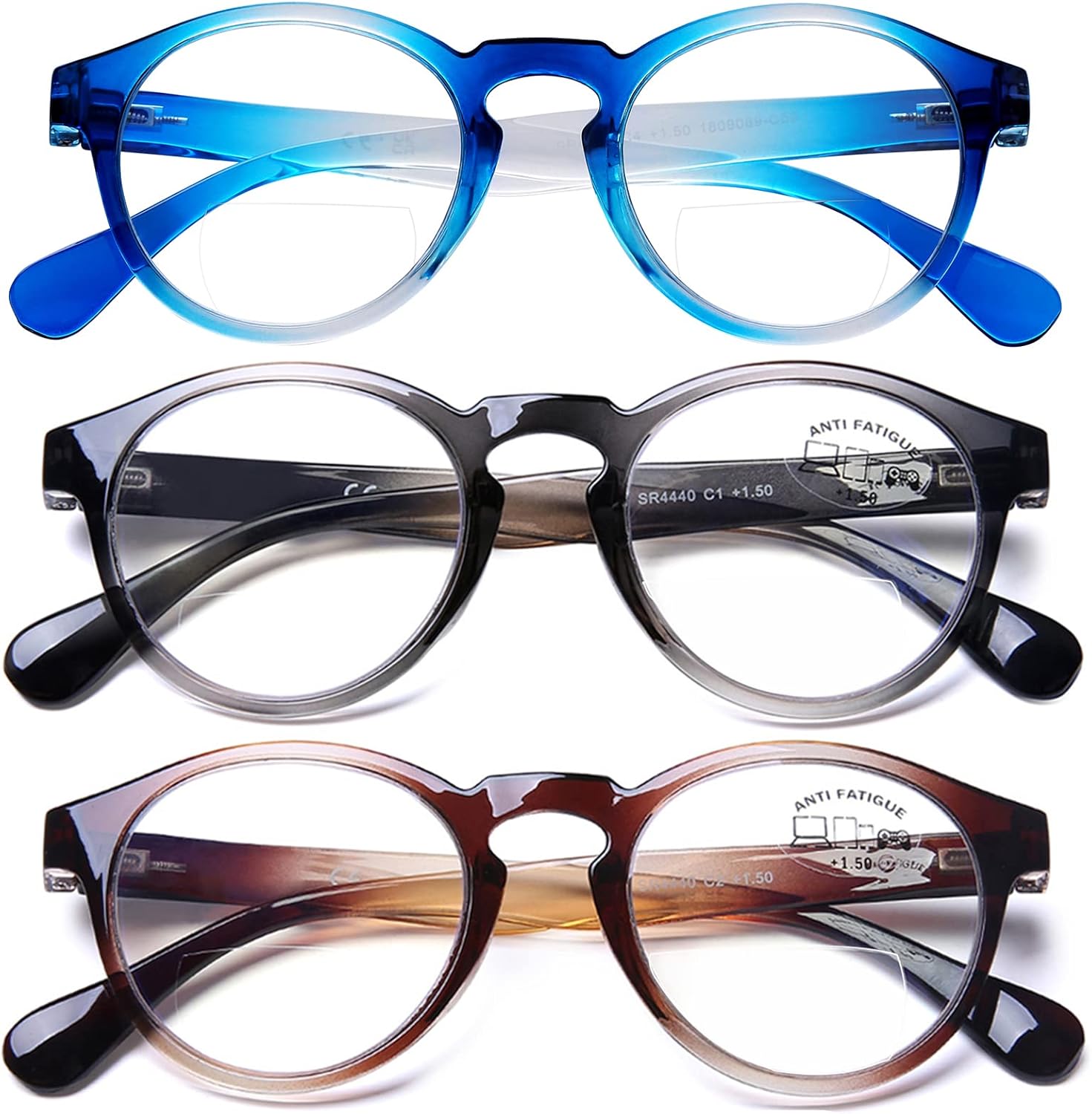AQWANO Gafas de lectura bifocales para hombres, bloqueo de luz azul, lectura bifocal, mujer, diseño de moda, bisagra de resorte ligera, paquete de 3