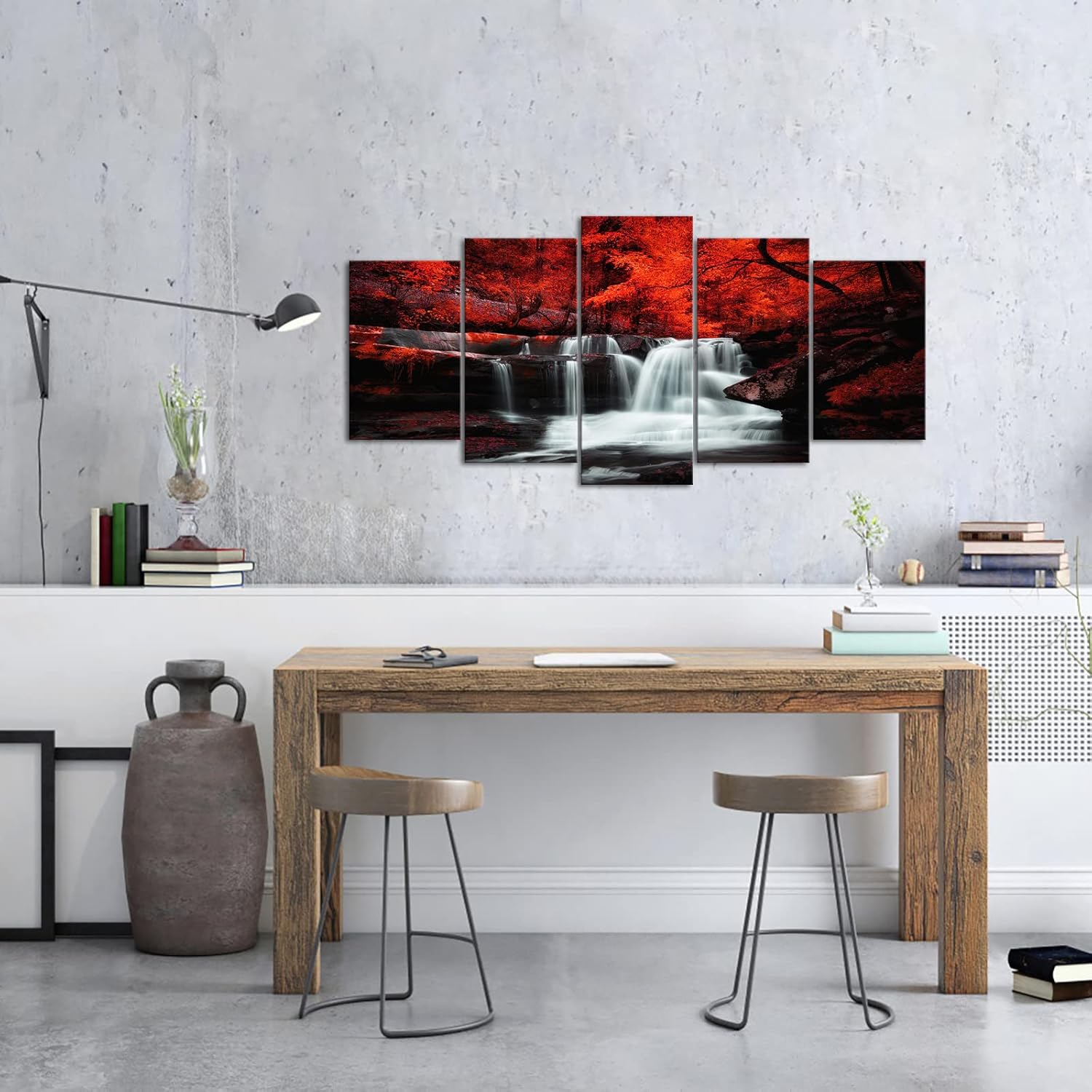 LevvArts Arte de pared blanco y negro, 5 piezas de bosque de árbol rojo, cascada, lienzo impreso en lienzo de otoño pinturas de paisaje enmarcadas