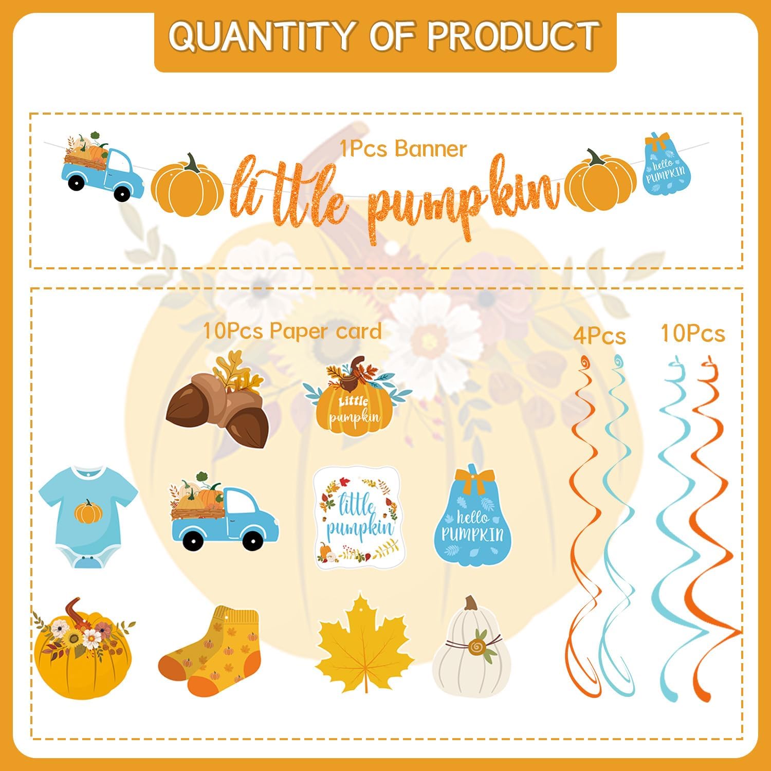 Gameza Decoraciones de otoño para baby shower, 15 unidades, decoración azul de Acción de Gracias, pancarta de calabaza pequeña, decoración de