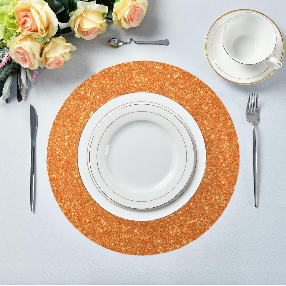 Juego de 6 manteles individuales redondos con purpurina de color naranja brillante para cocina, para decoración de fiestas del hogar, vacaciones, 15