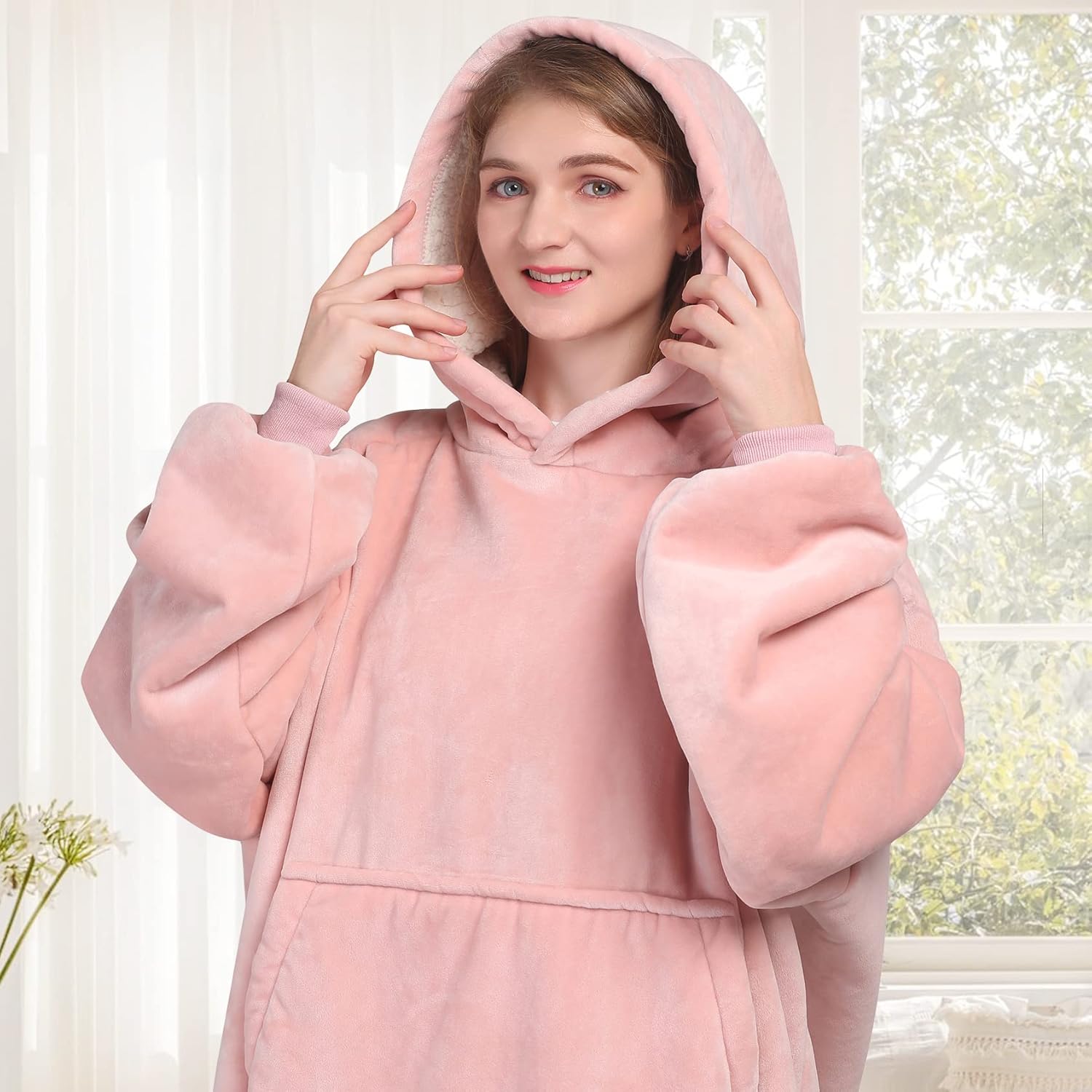 Waitu Sudadera tipo manta, para regalar a hombre o mujer, de grueso vellón sherpa, para adulto, extragrande, con capucha, larga, con mangas y