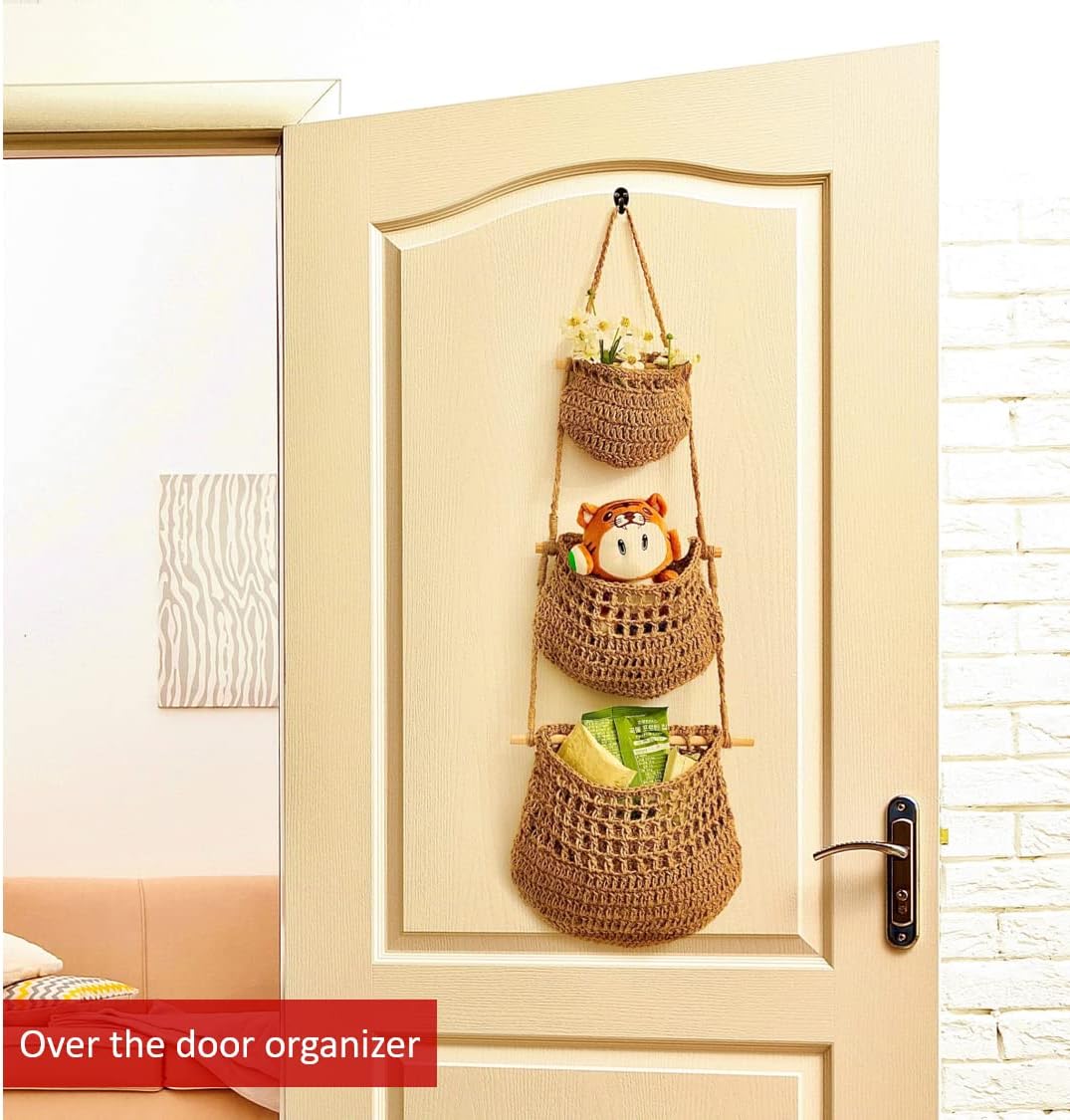 Cesta colgante de frutas, cesta colgante de pared de yute tejida de 3 niveles para organizar, cesta colgante de productos para almacenamiento de