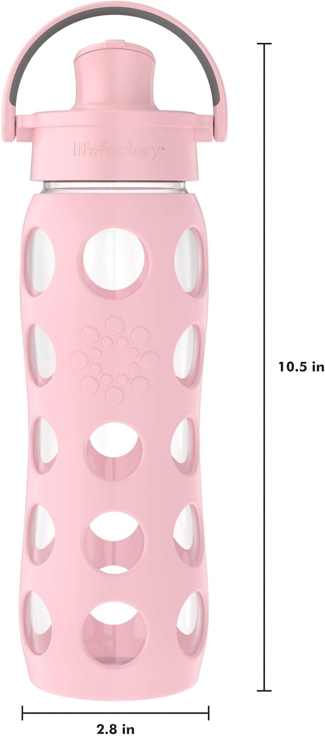 Lifefactory Botella de agua de vidrio de 22 onzas con tapa abatible activa y funda protectora de silicona, rosa del desierto