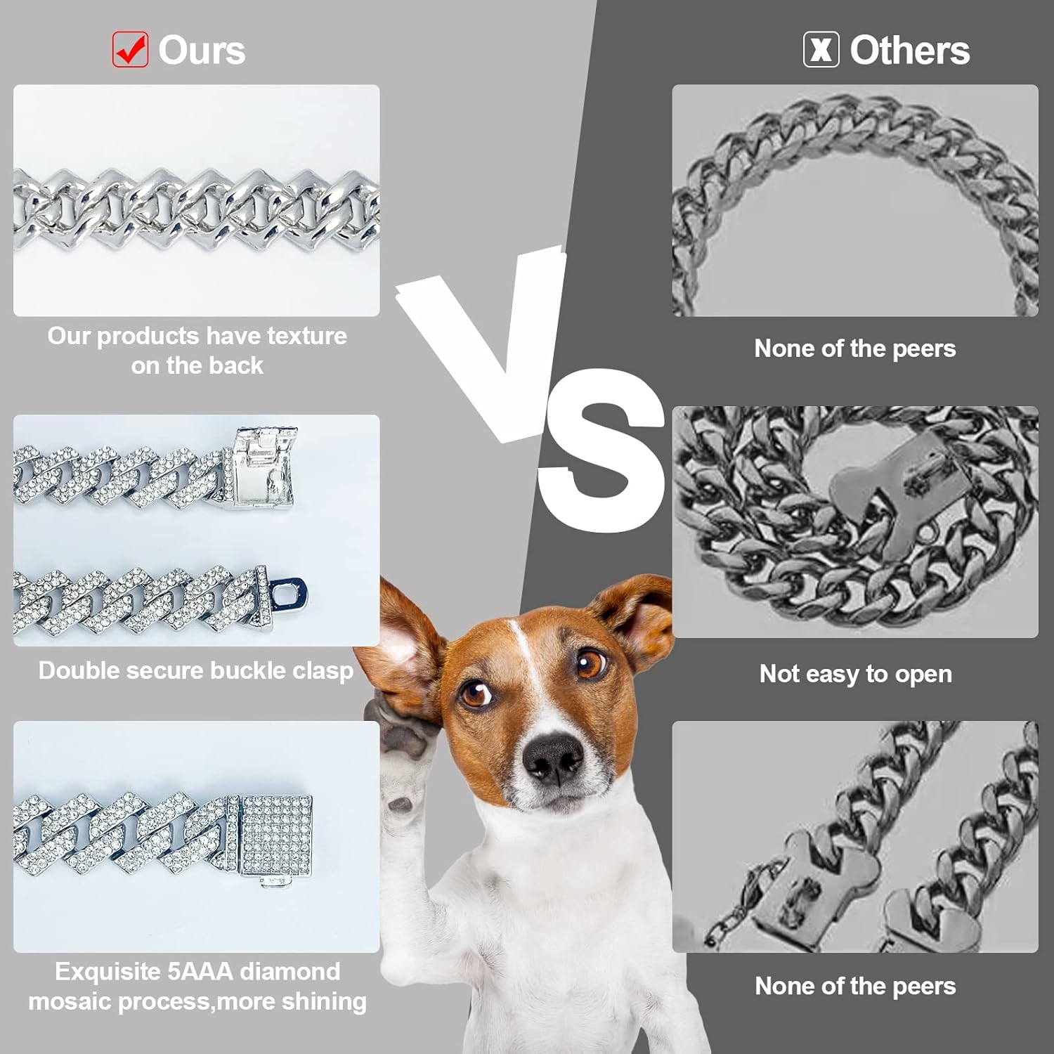 KOLODOGO Collar de cadena para perro, collar cubano de diamante con purpurina, collar de cadena de metal para caminar con diseño de hebilla segura