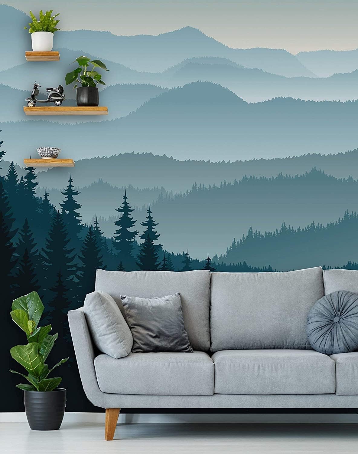 Papel tapiz removible para despegar y pegar, mural de pared autoadhesivo, mural de montaña 3D, papel tapiz para guardería, pinos de montaña azul