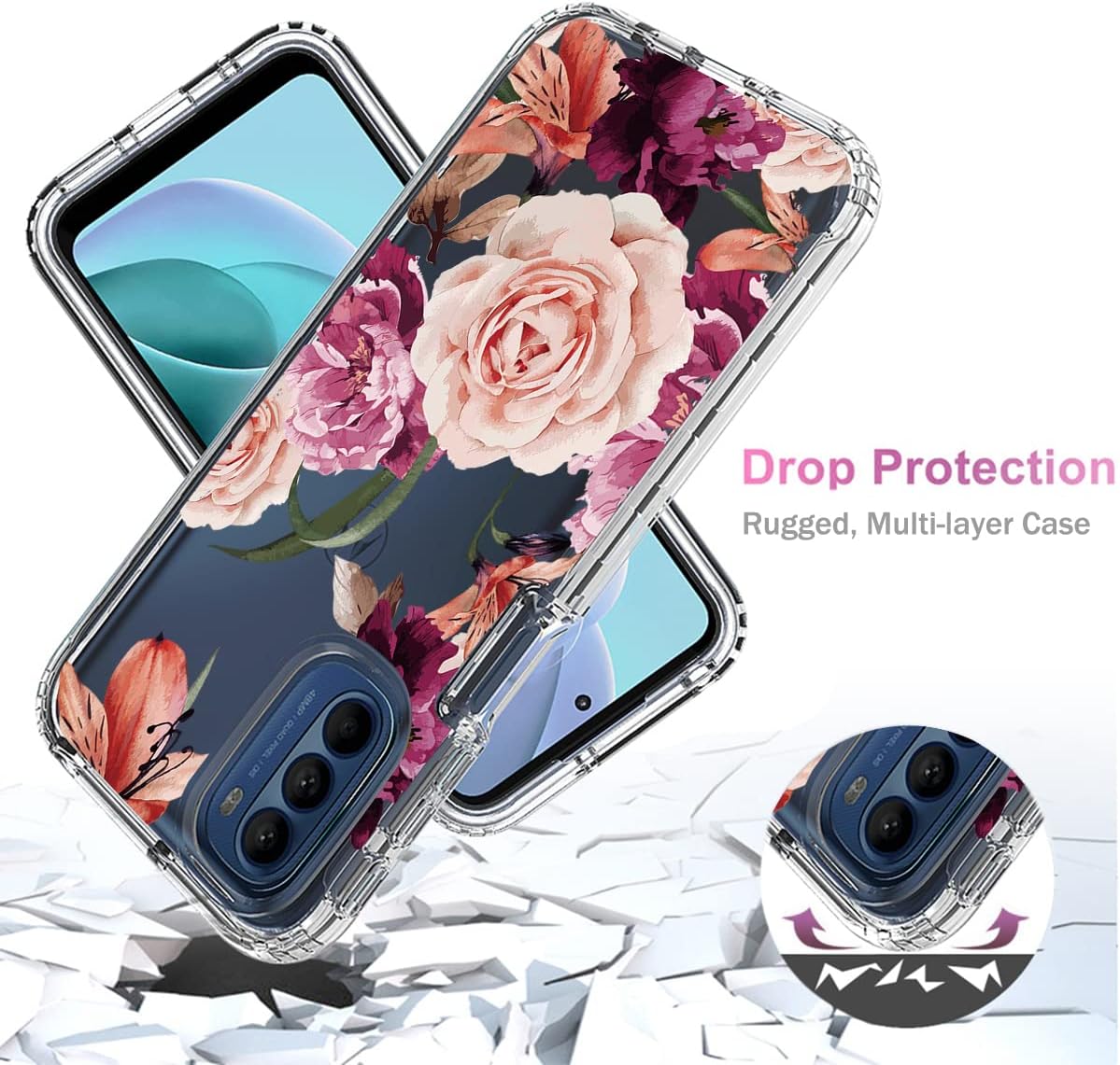 Funda para Moto G31Moto G41 XT2167-1 con protector de pantalla de vidrio templado, cuerpo completo, transparente, flexible, con diseño floral,