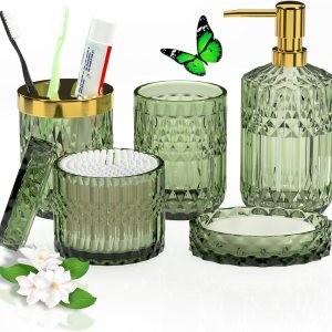 Juego de 5 accesorios de baño verde de alta calidad, moderno organizador de tocador de cristal para decoración de baño, dispensador de jabón de Juego de 5 accesorios de baño verde de alta calidad, moderno organizador de tocador de cristal para decoración de baño, dispensador de jabón de