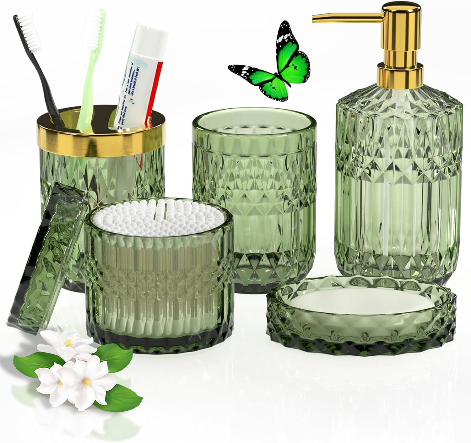 Juego de 5 accesorios de baño verde de alta calidad, moderno organizador de tocador de cristal para decoración de baño, dispensador de jabón de