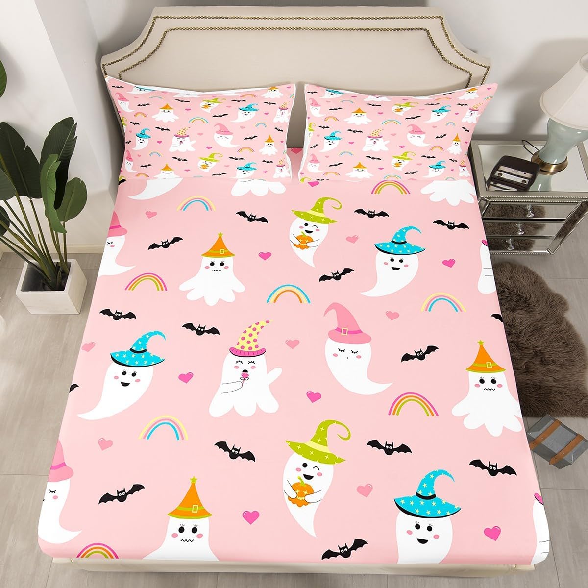 Sábanas de cama tamaño matrimonial, juego de ropa de cama de fantasma de dibujos animados para niños, sábana bajera ajustable de murciélagos de