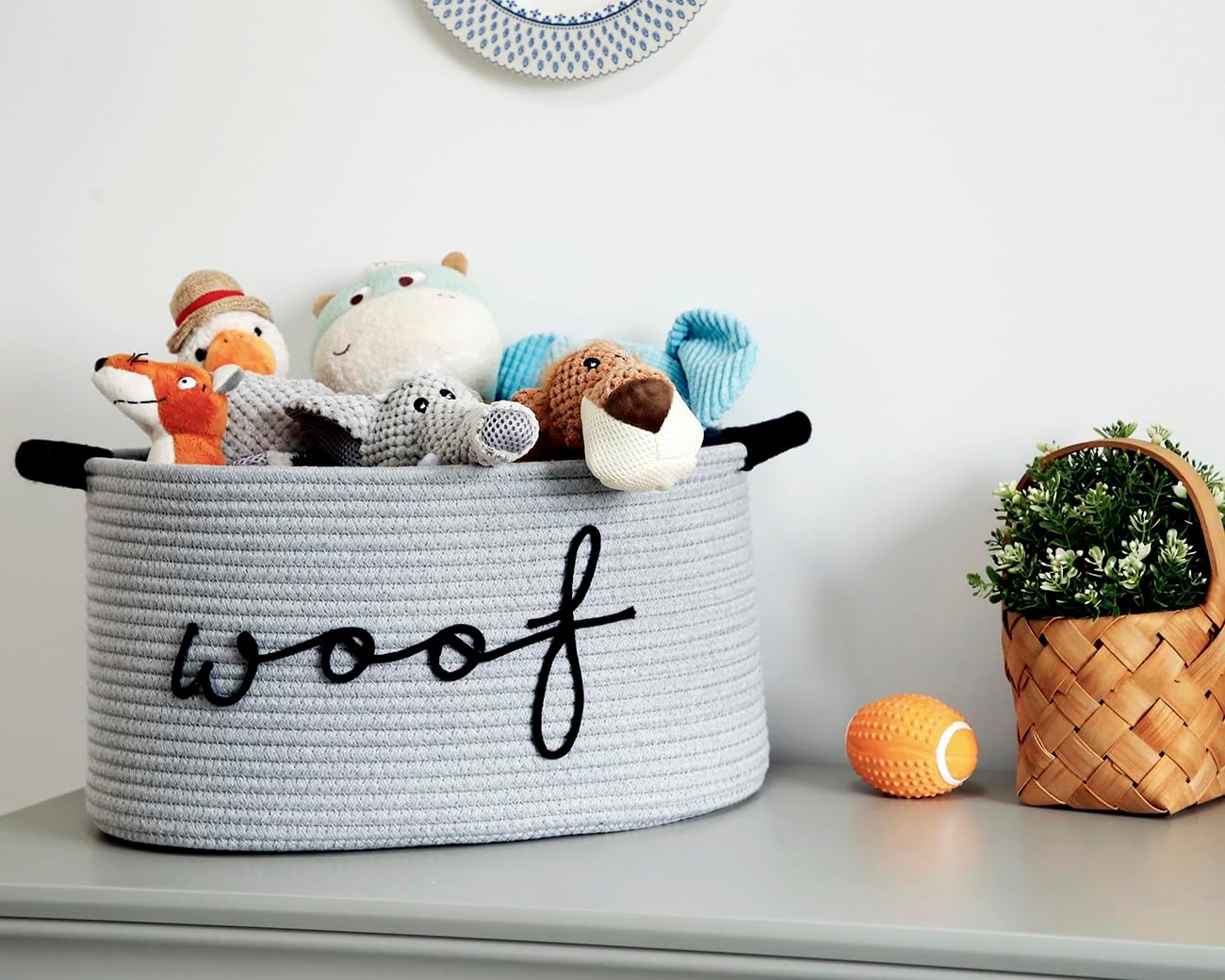 CIKI HOME Woof – Cesta de juguetes para perros, cestas tejidas para mascotas, caja de almacenamiento con asas duraderas, suministros para mascotas,