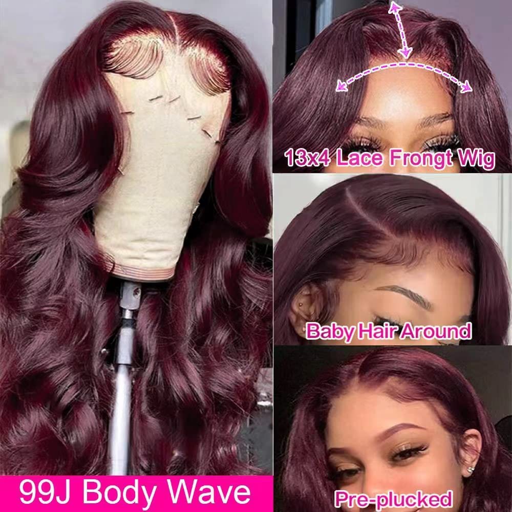 Peluca de cabello humano ondulado con encaje frontal color borgoña 99J de 13 x 4, densidad del 150 %, pelucas de color rojo vino para mujeres,