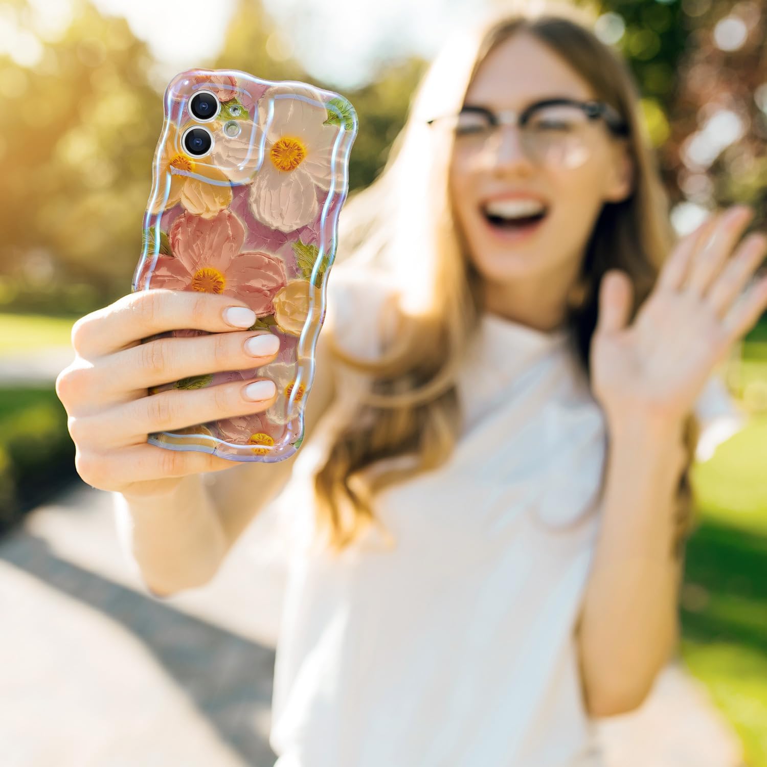 QLTYPRI Funda para iPhone 11, Colorido Láser Retro Pintura Al óleo Patrón De Flores Lindo Marco De Onda Rizada Exquisita Caja Del Teléfono Para