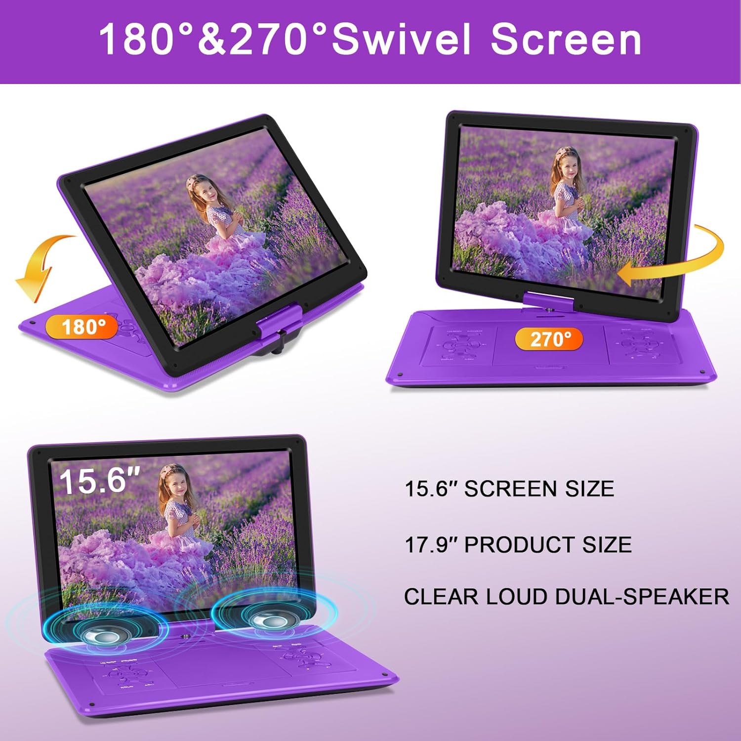 Reproductor de DVD portátil de 17.9 pulgadas con pantalla giratoria grande de 15.6 pulgadas, reproductor de DVD de batería de 6 horas portátil con