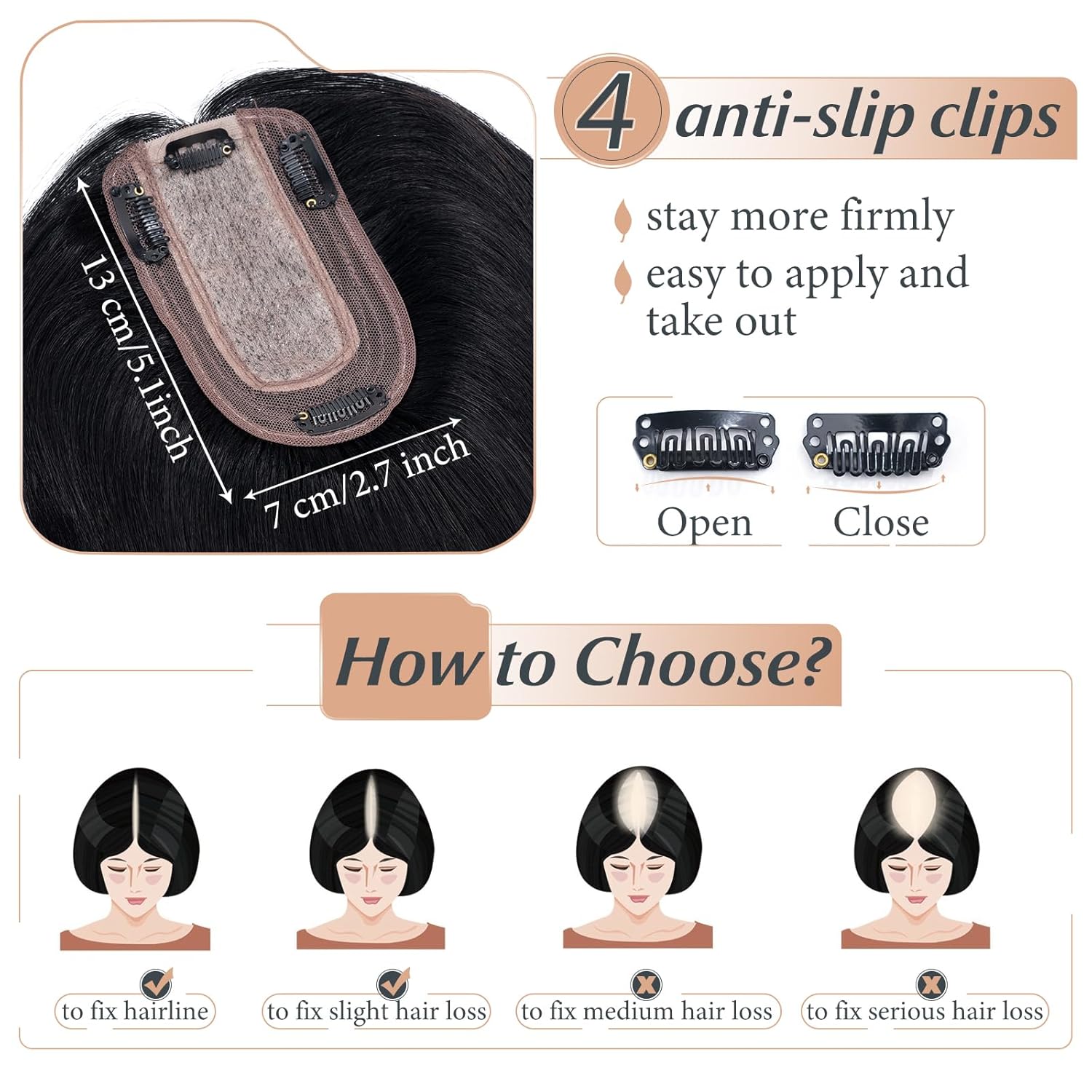 Benehair Toppers para el cabello para mujer, 100% cabello humano real, densidad del 150%, hecho a mano, base de seda, piezas de cabello con clip