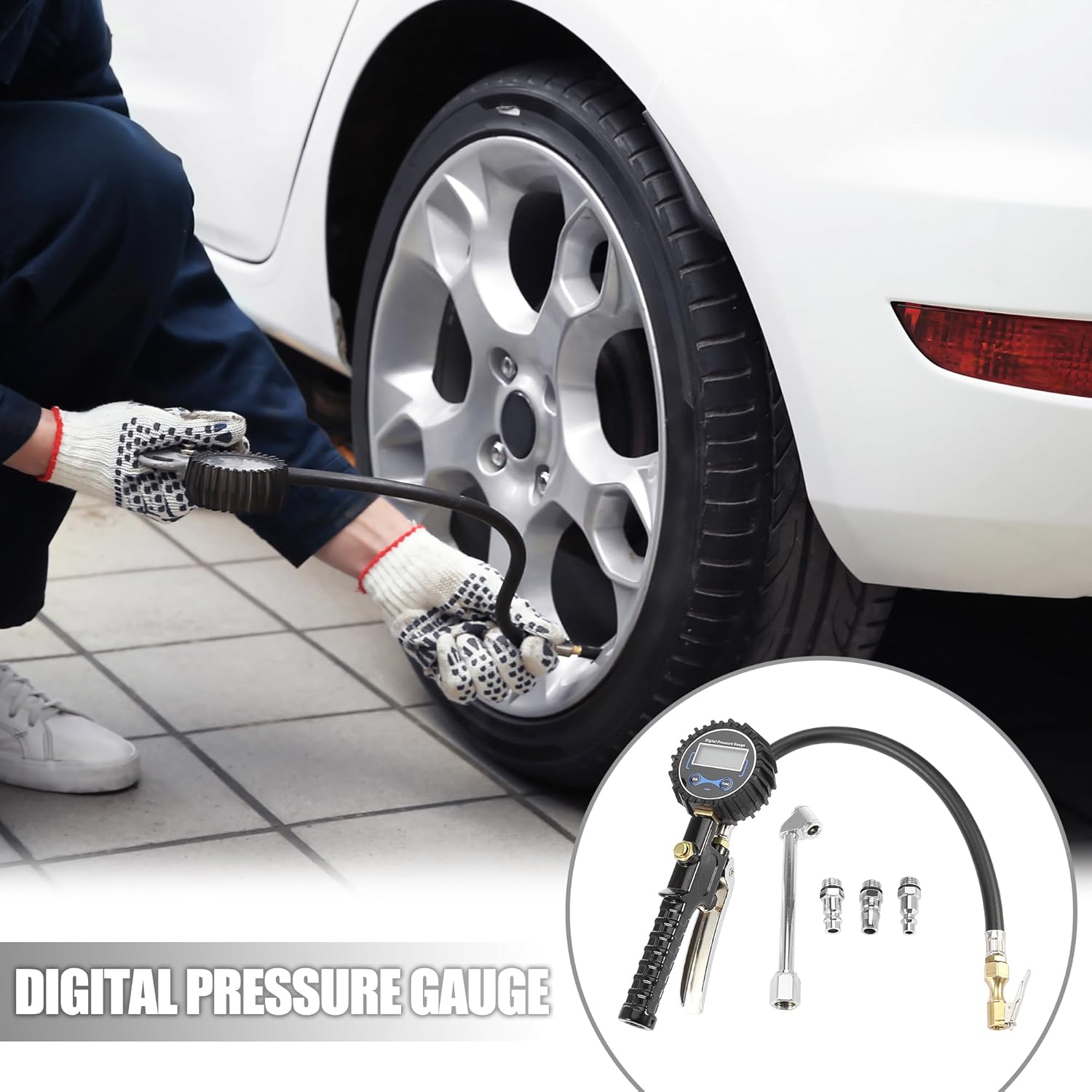 X AUTOHAUX 3 a 300PSI portátil digital medidor de presión de neumáticos inflado clip rápido deflación con palanca 3 tipos de boquillas de entrada de