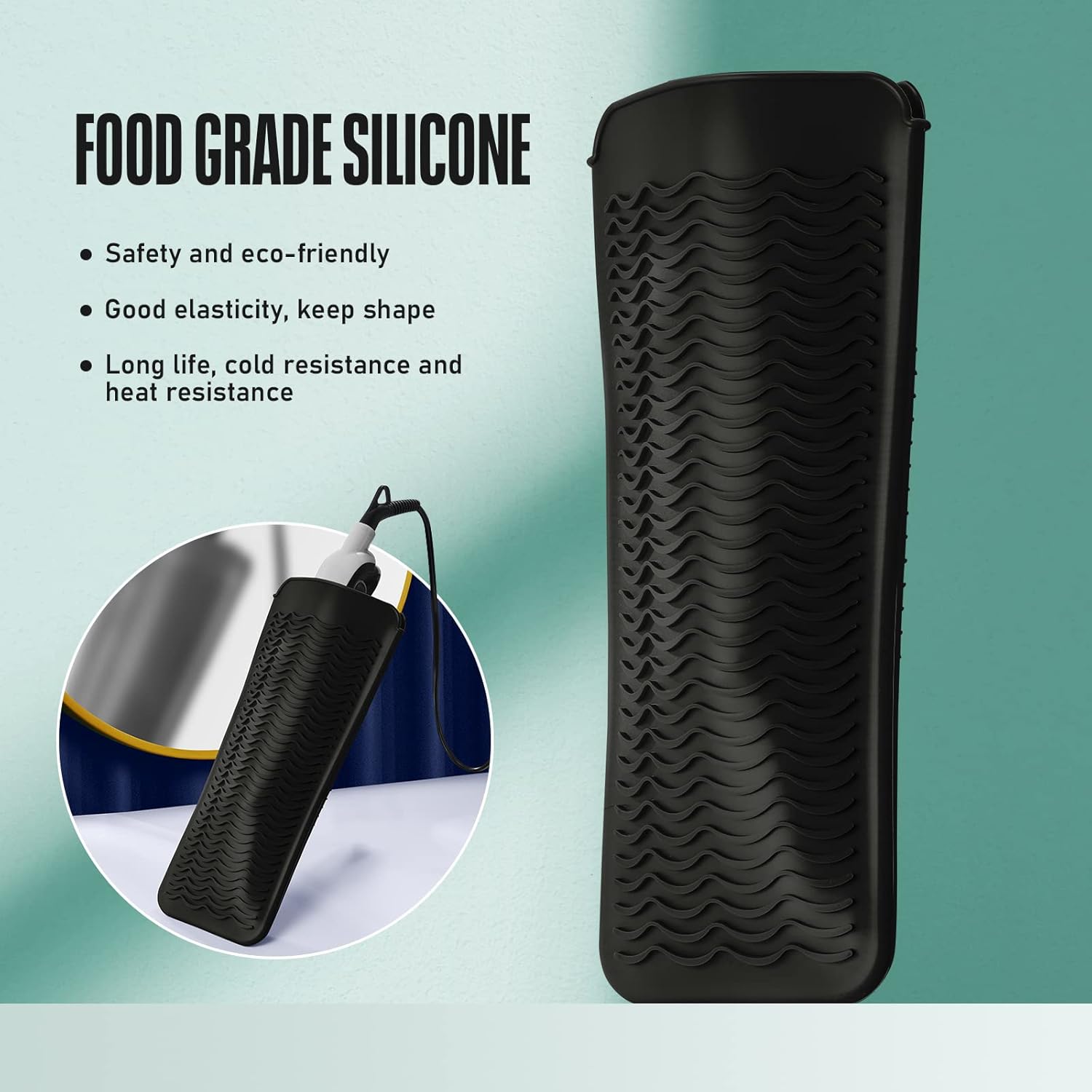 Bolsa de silicona resistente al calor para alisadora de cabello, plancha plana, rizador, herramientas de pelo caliente (negro)