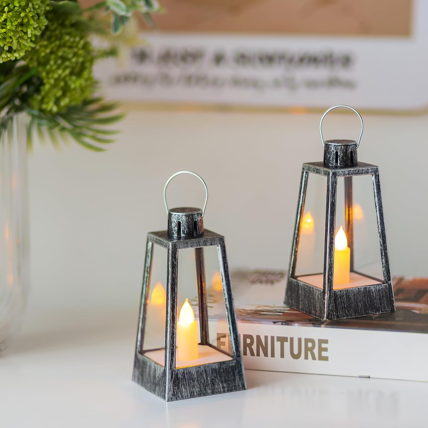 Romadedi Mini farol decorativo para centros de mesa, 10 linternas de vela vintage plateadas con velas LED parpadeantes para mesa de boda, decoración