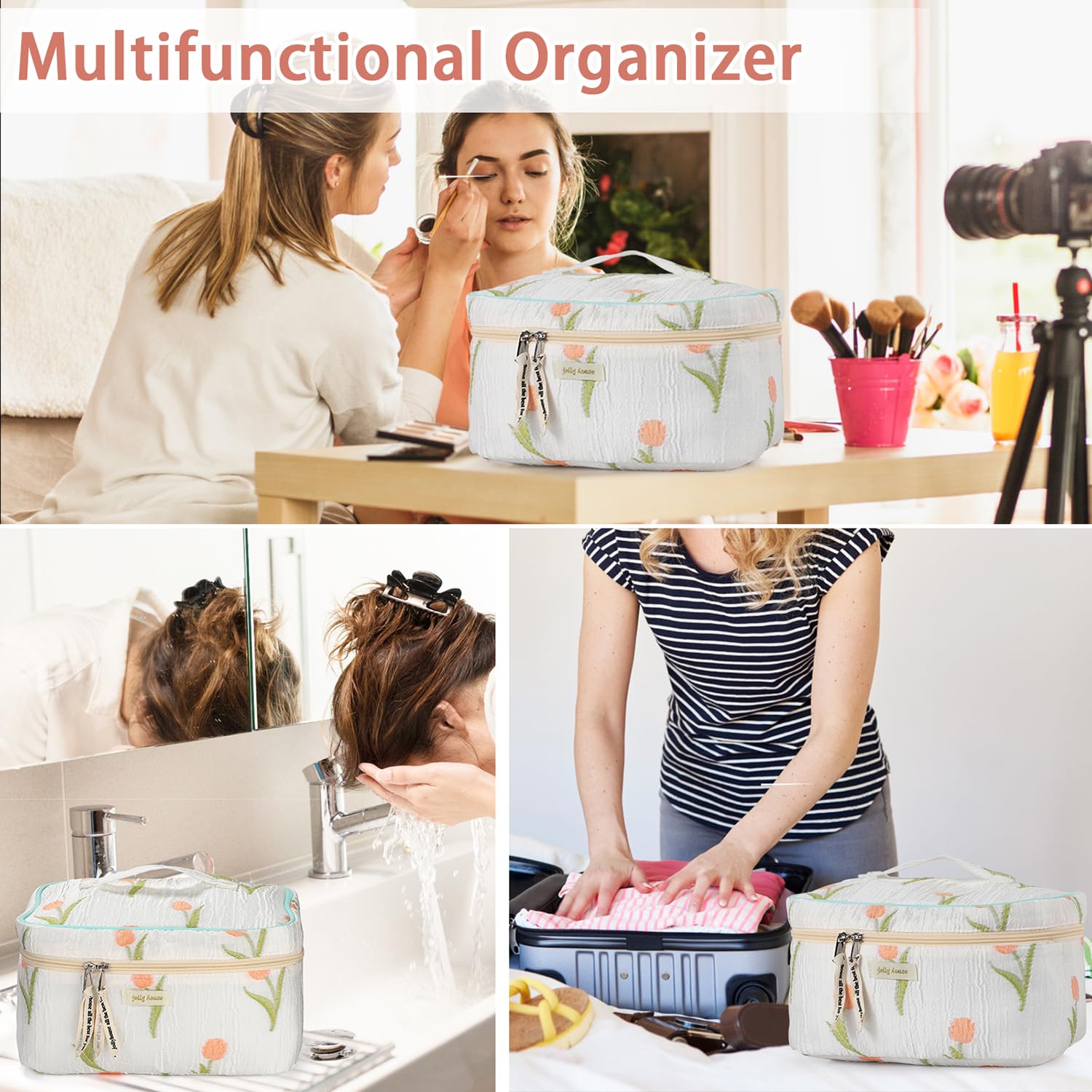 Sightor Bolsa de maquillaje de algodón, bolsa acolchada para cosméticos con asa, bolsa de aseo de viaje de gran capacidad para mujer, bonita bolsa