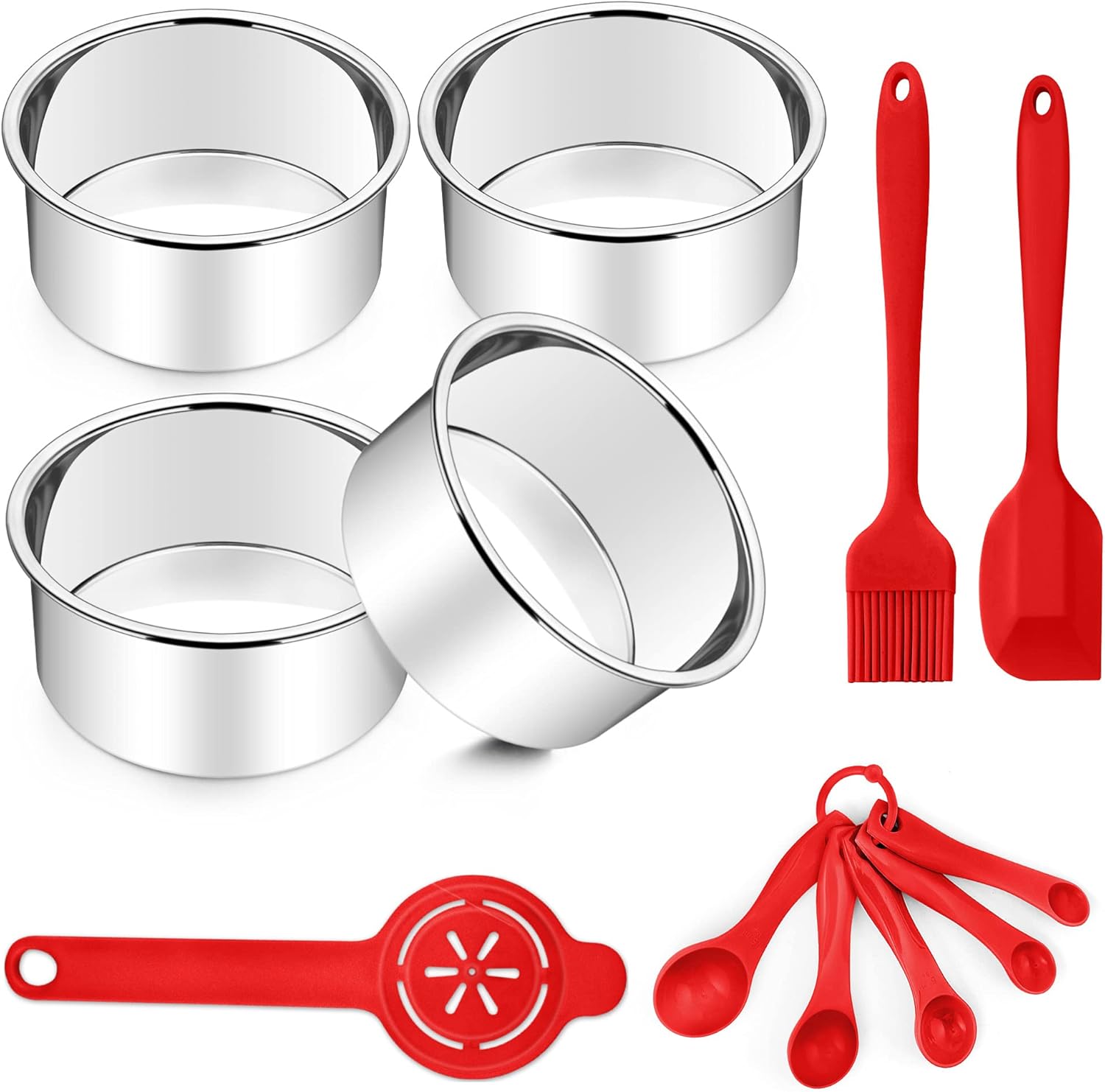 TeamFar Juego de moldes para pasteles de 4 pulgadas, 4 moldes redondos de acero inoxidable, mini moldes para pasteles con espátula de silicona y
