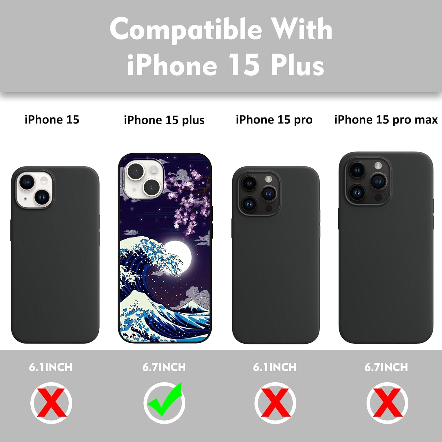 MSEAANBK Funda diseñada para iPhone 15 Plus, funda japonesa con patrón de luna de cerezo y flor para hombres, mujeres, niños y niñas, TPU suave, a