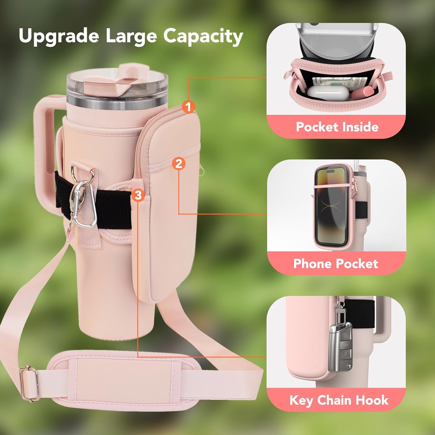 Bolsa de transporte para botella de agua con bolsillo grande desmontable para teléfono 2 en 1 para vaso Stanley de 3040 onzas, bolsa de tela de