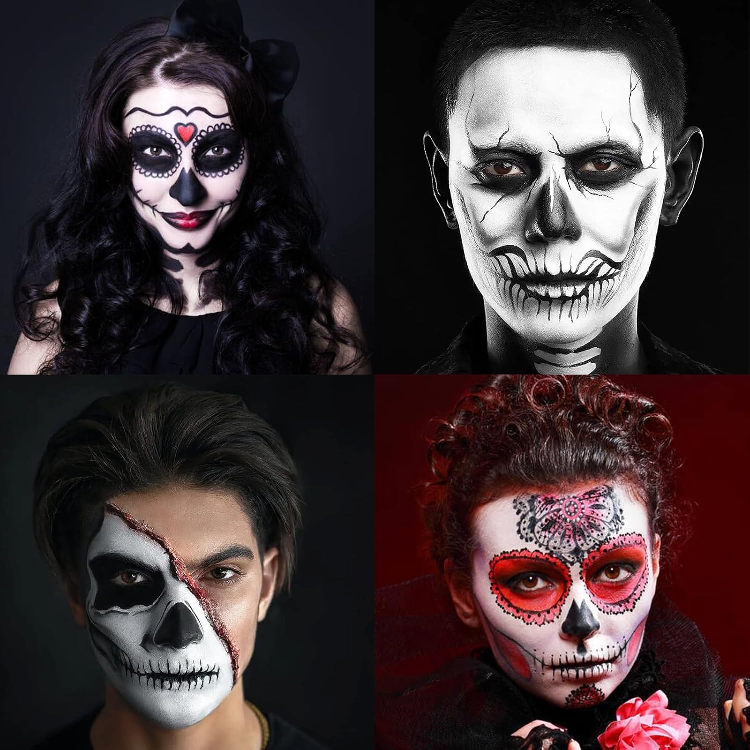 BESUGEOUS Kit de pintura corporal facial blanca, negra y roja, esqueleto profesional a base de óleo, zombi, bromista, payaso, vampiro, cráneo,