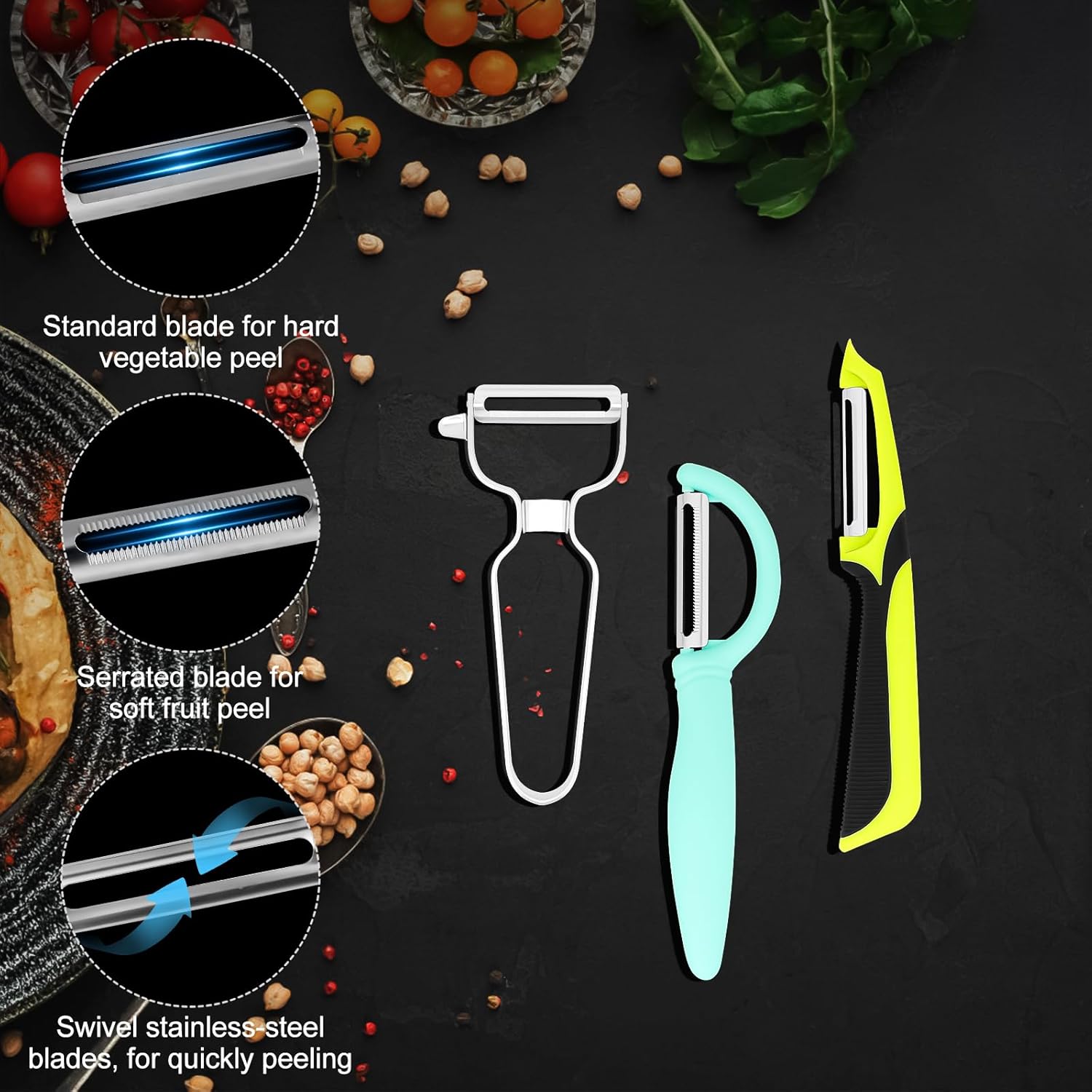 Juego de 3 peladores de verduras con pelador recto, pelador dentado para cocina, para frutas, zanahorias, verduras, pelador de papas, hoja afilada,