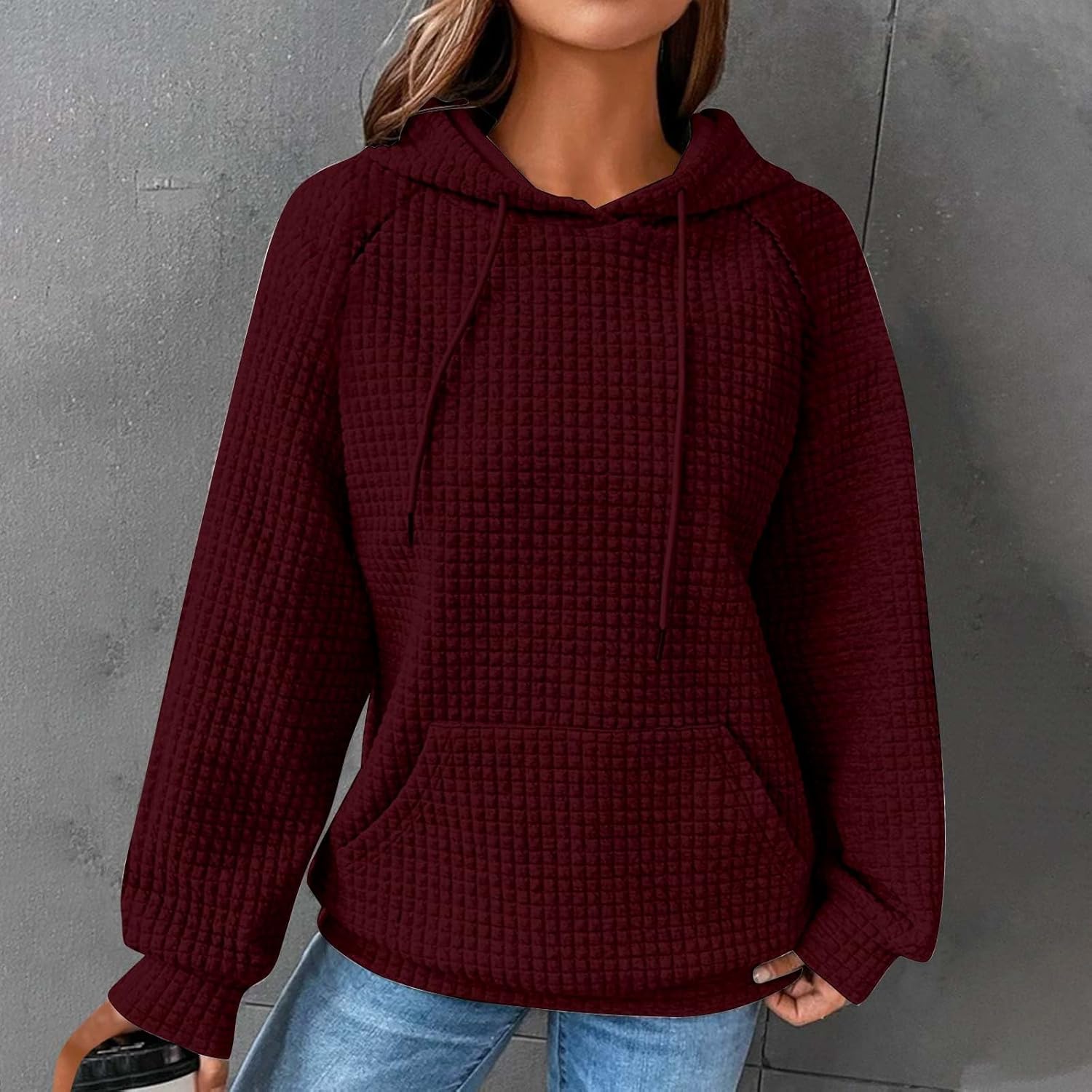 Ceboyel Sudaderas ligeras con capucha para mujer, de punto gofre, de manga larga, suéter lindo para adolescentes y niñas 2023