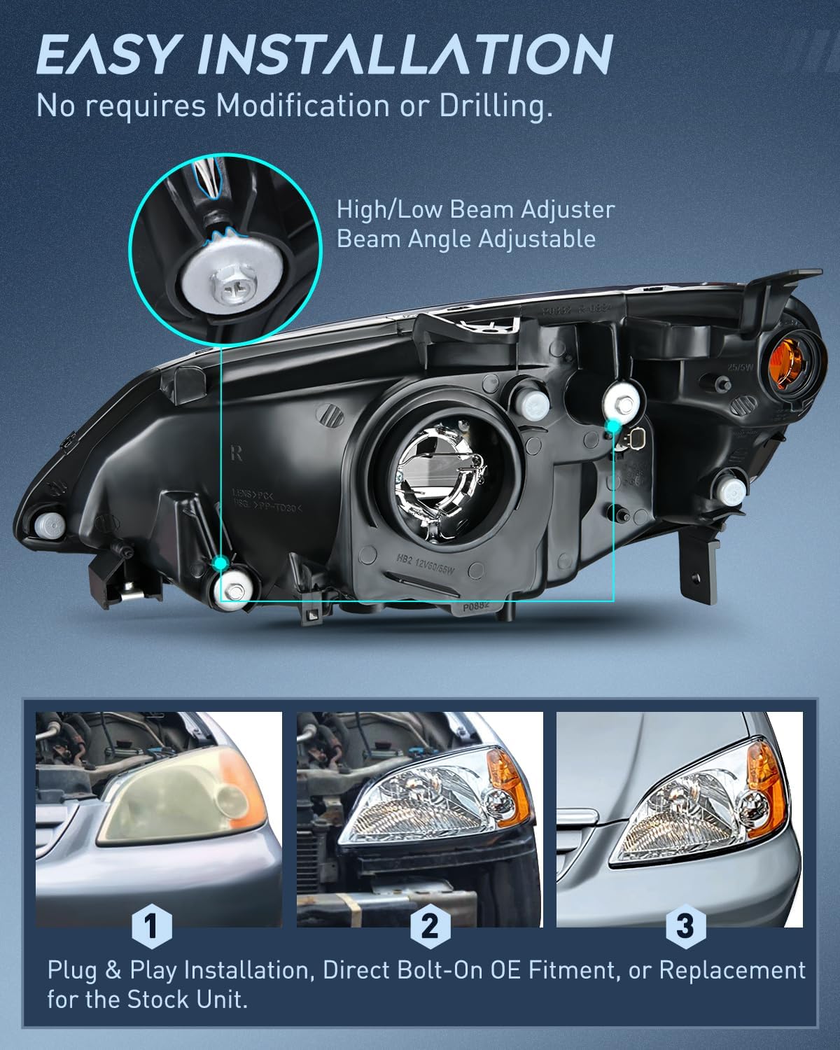Nilight Conjunto de faros delanteros compatible con Honda Civic 2001 2002 2003, carcasa cromada, reflector ámbar, lente transparente mejorada, lado