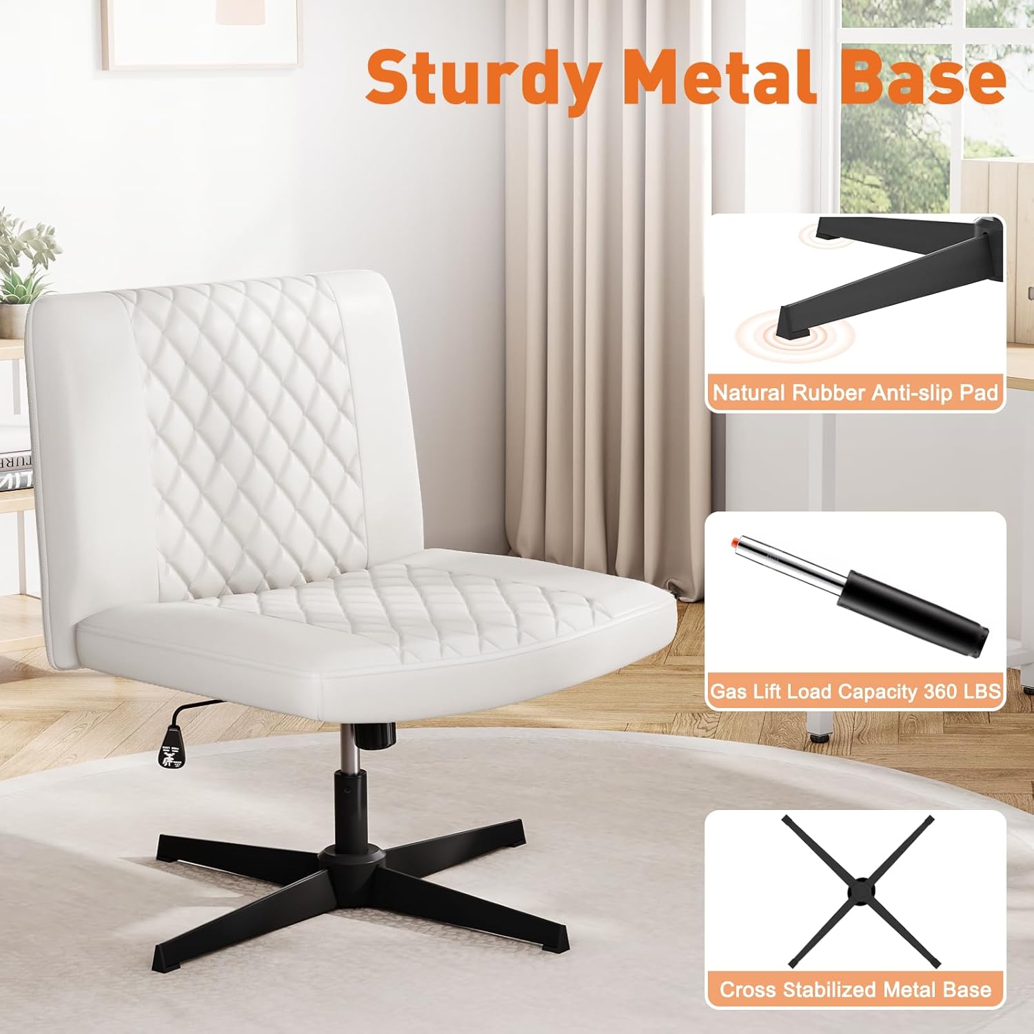 Silla de oficina sin brazos, silla de escritorio sin ruedas, silla de oficina con patas cruzadas, silla de oficina ancha de piel sintética, sillas