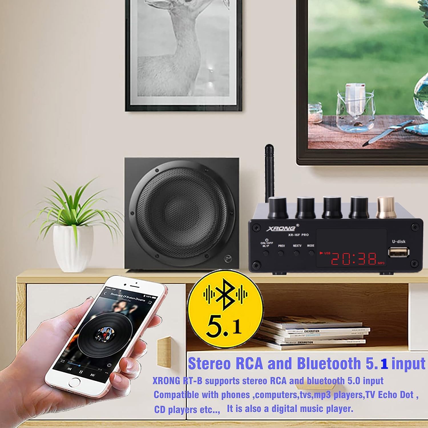 Amplificador de potencia Bluetooth 5.1 100Wx2+100W estéreo HiFi 2.1 CH Amplificador de sonido digital 24Bit192kHz Clase D Amp USB DAC, soporte de