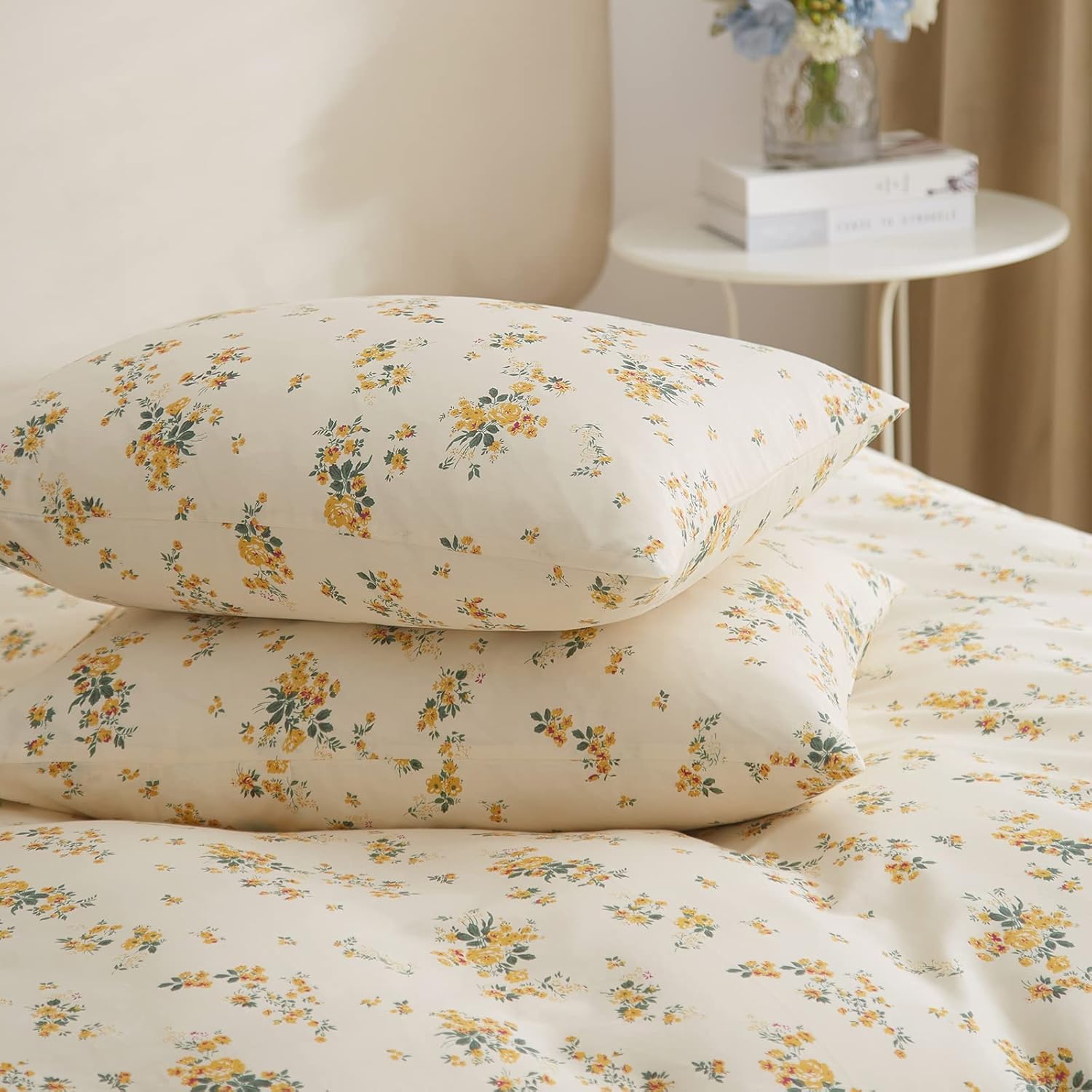 VClife Juego de funda de edredón color crema tamaño Queen  Juego de ropa de cama de algodón suave con estampado floral amarillo, cierre de